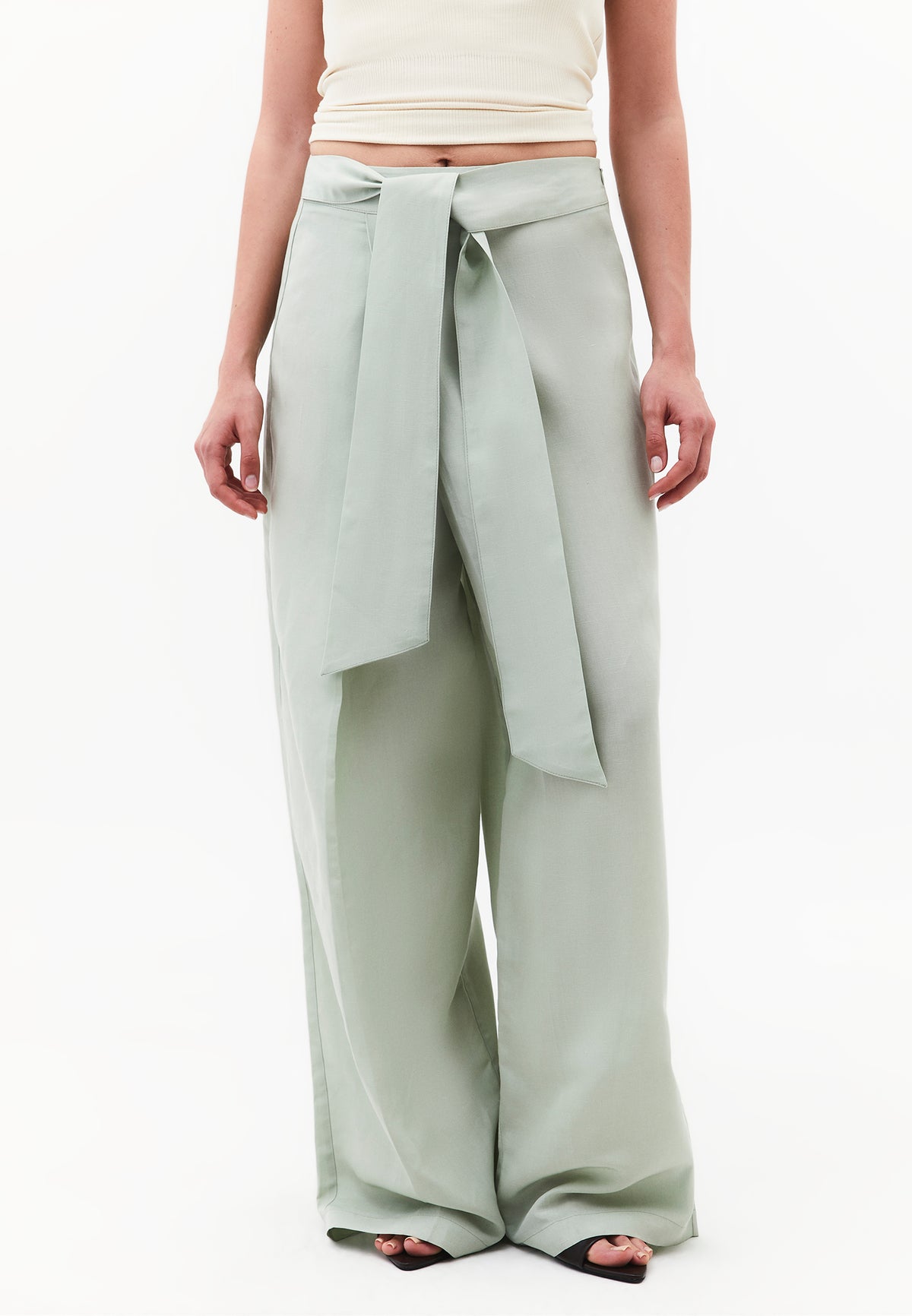 Belted High Waist Wide Leg Pants - AQUA GRAY
