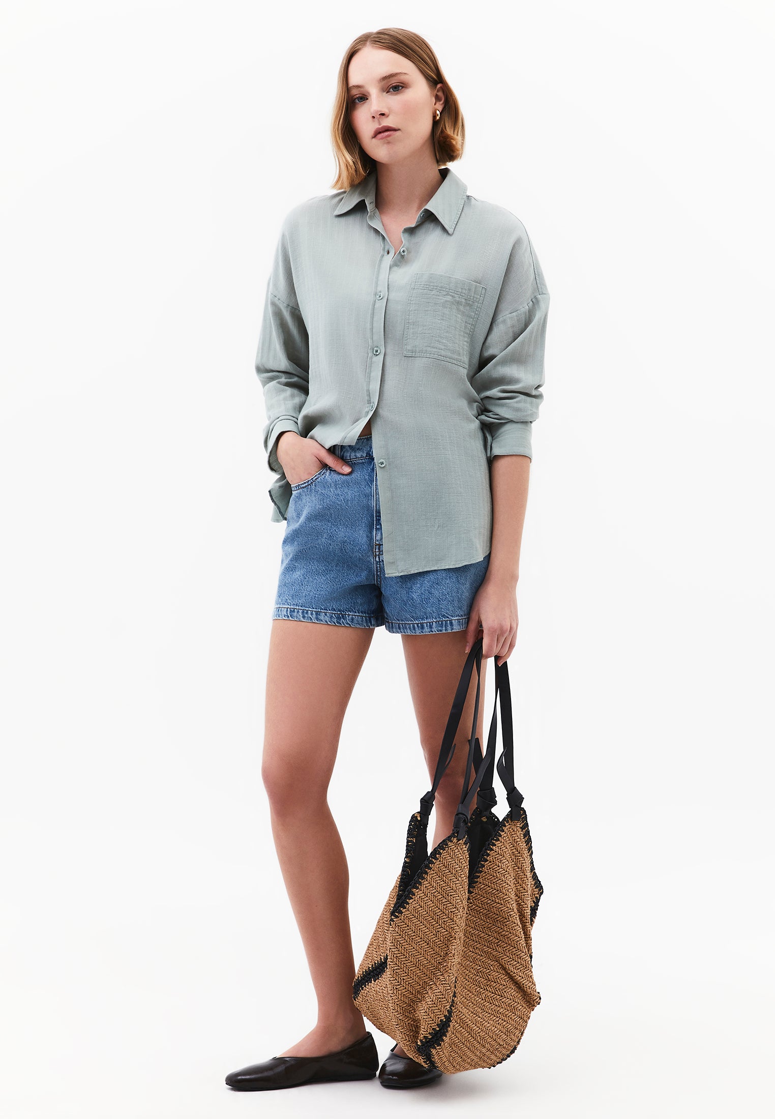 Oversize Long Sleeve Shirt With Pocket Detail - AQUA GRAY