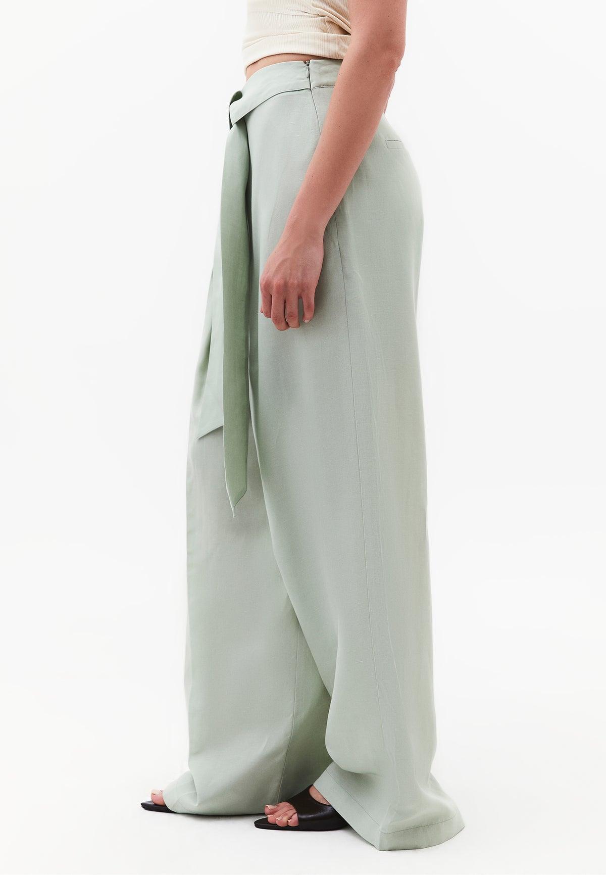 Belted High Waist Wide Leg Pants - AQUA GRAY