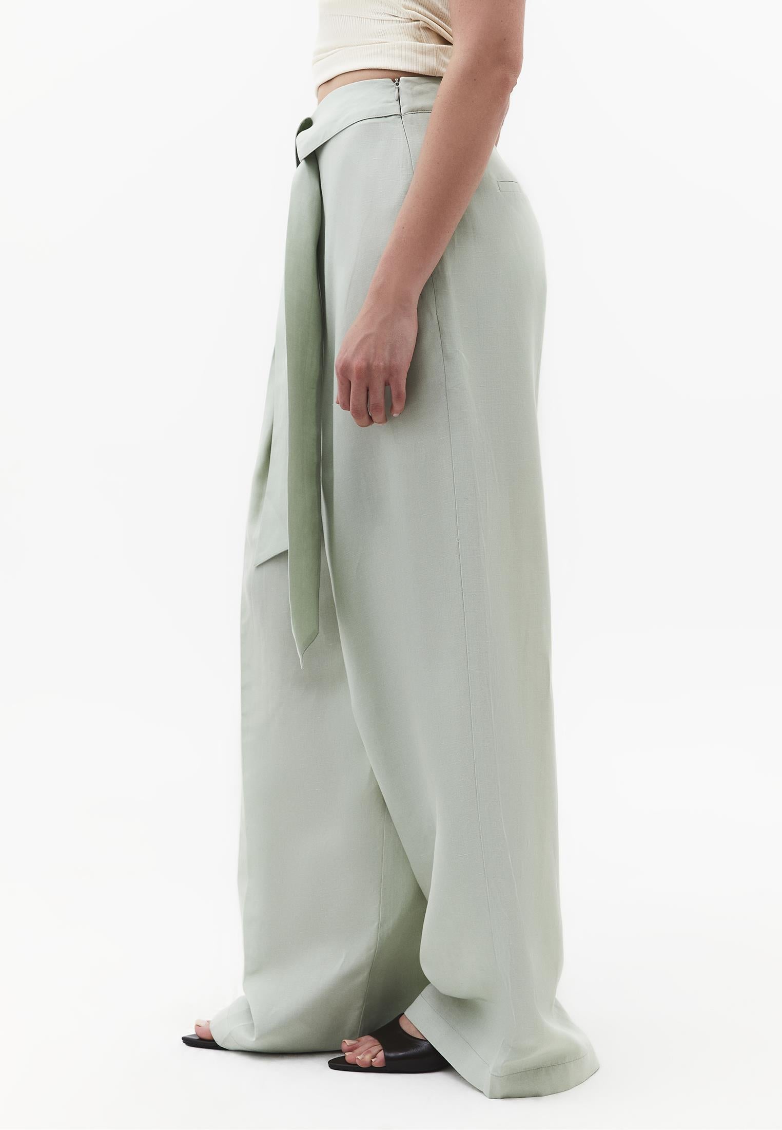 Belted High Waist Wide Leg Pants - AQUA GRAY