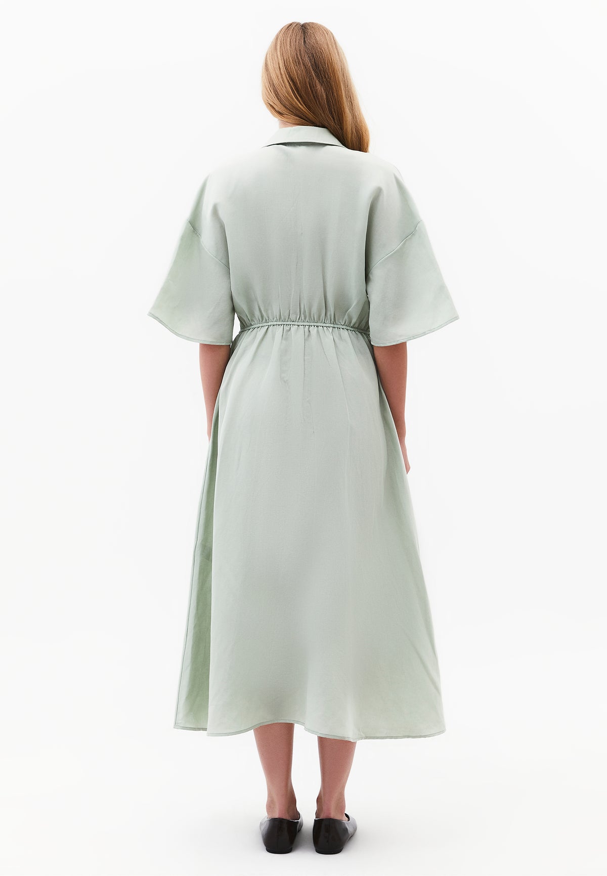 Shirt Collar Batwing Sleeve Pleated Long Dress - AQUA GRAY