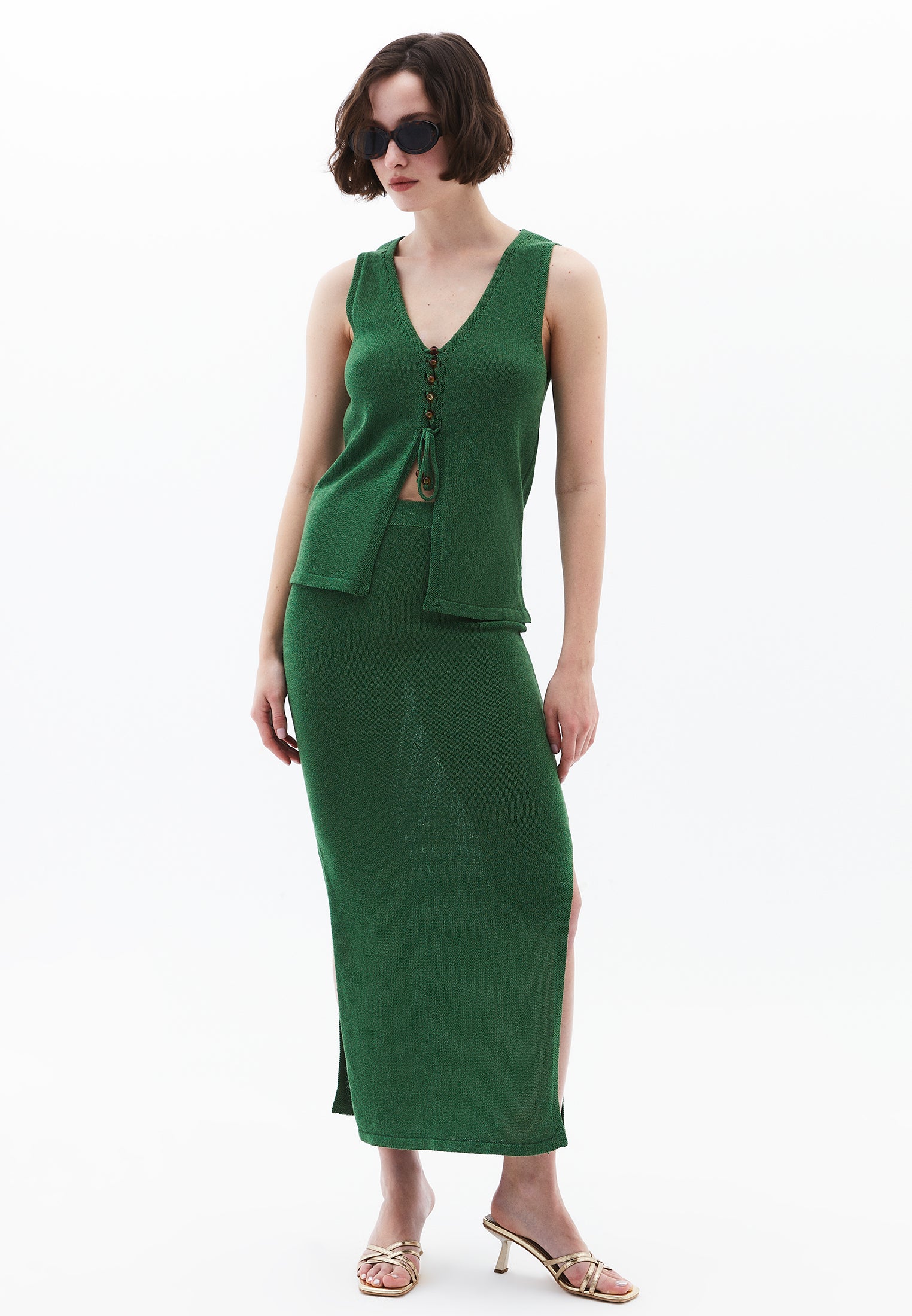 Long Skirt With Slit Detail - ARTICHOKE GREEN