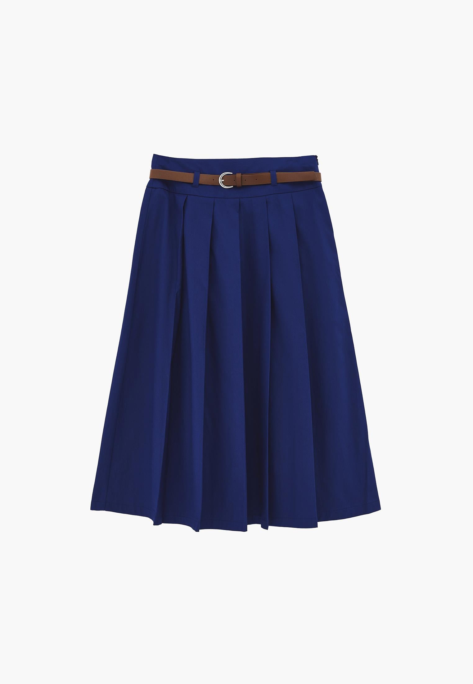 Long Pleated A-Line Skirt With Belt Detail - BELLWETHER BLUE