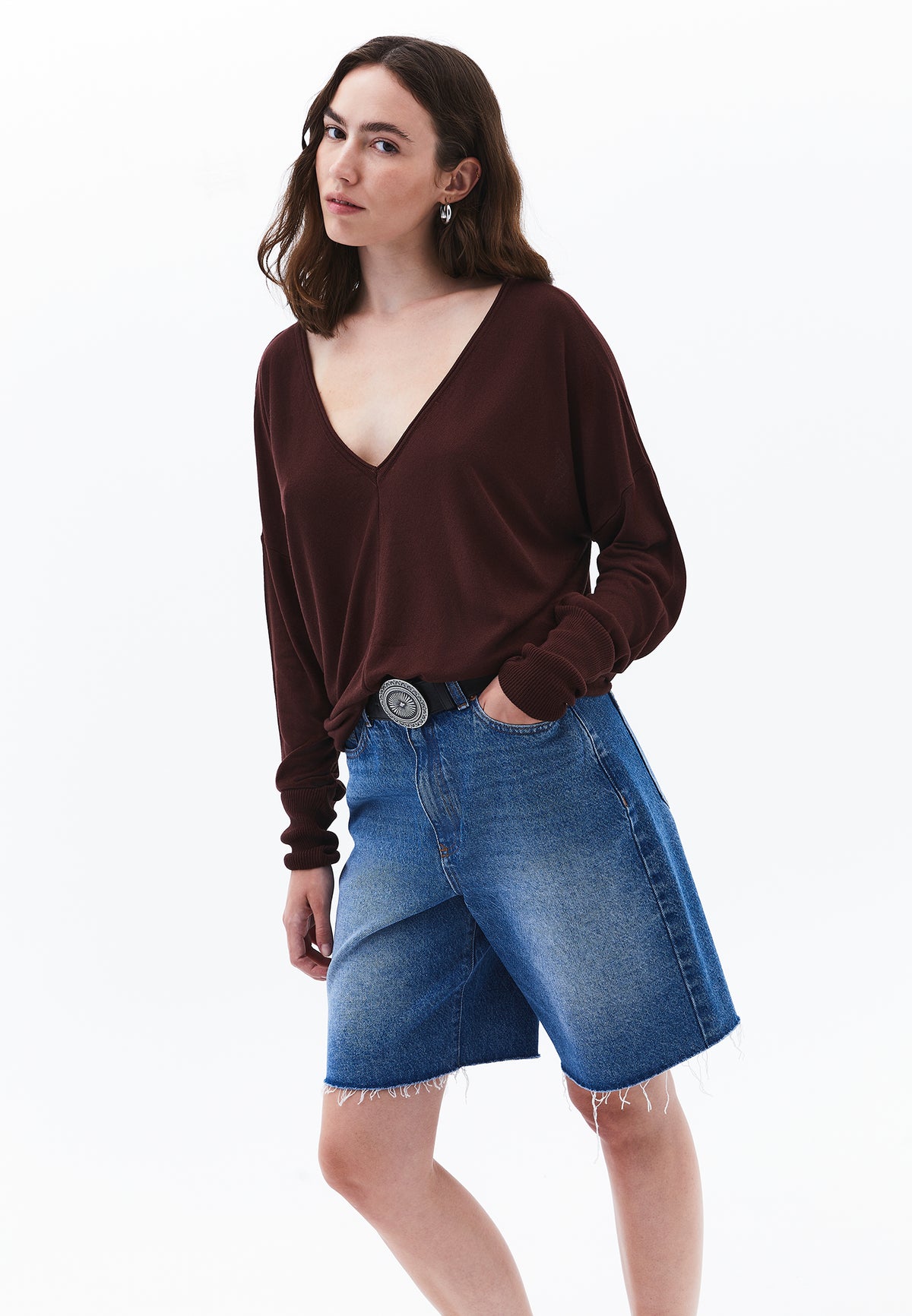 V Neck Long Sleeve Sweater - Brown