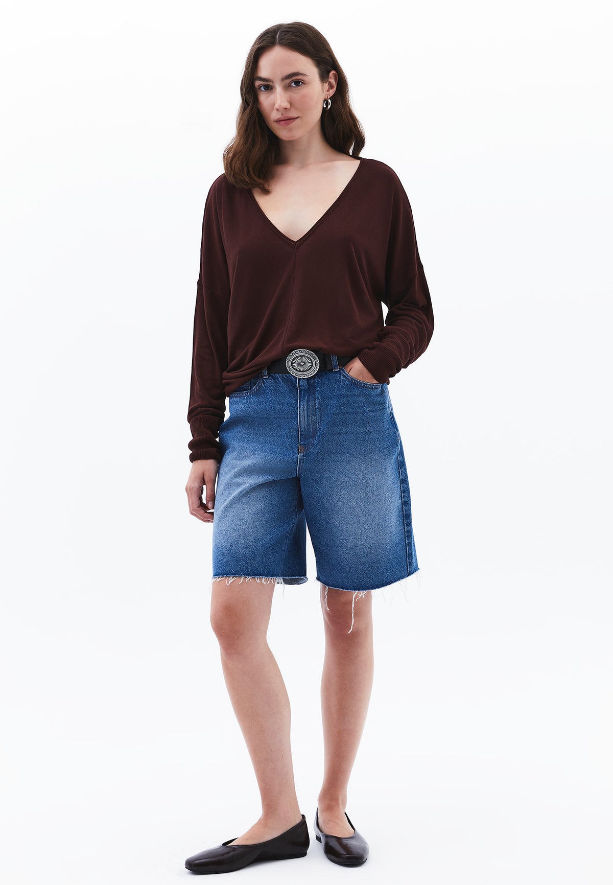 V Neck Long Sleeve Sweater - Brown