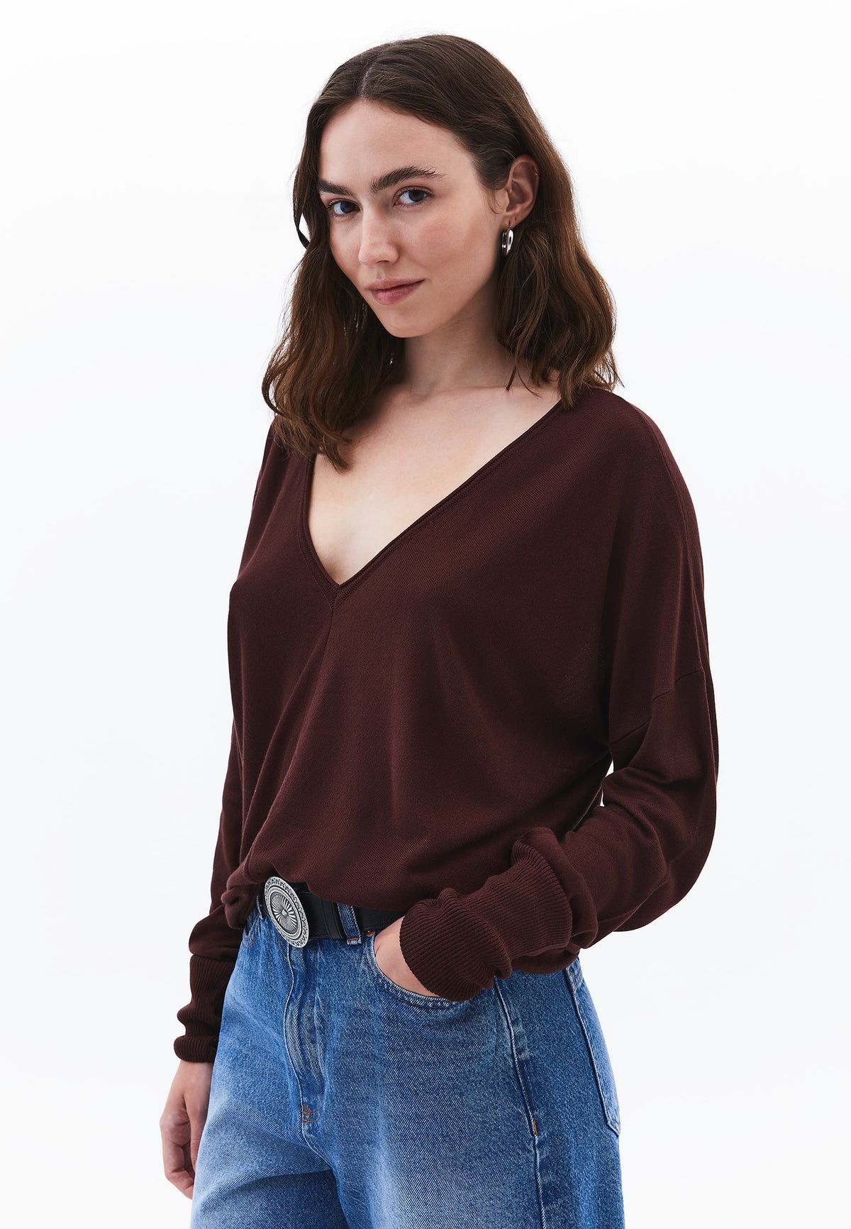 V Neck Long Sleeve Sweater - Brown