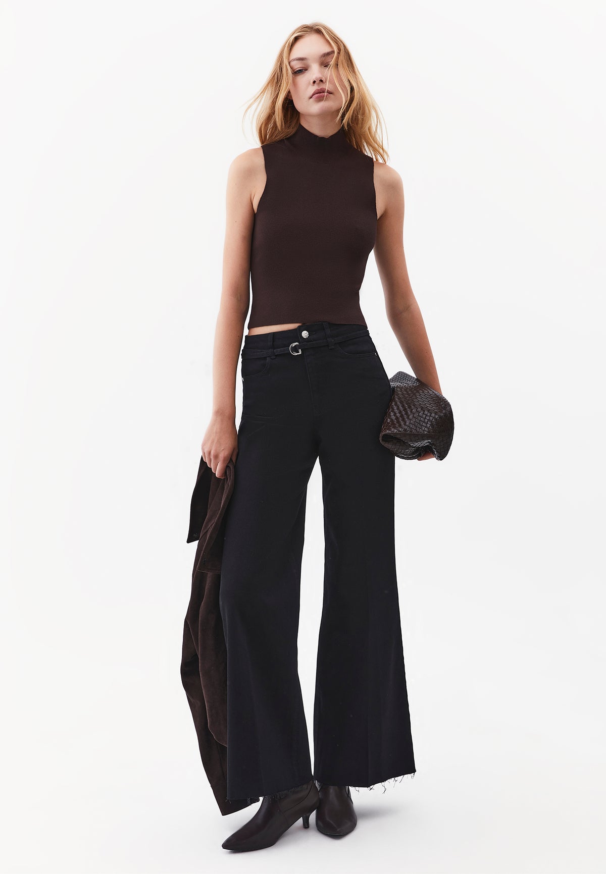 Wide Leg Belted Trousers - Black