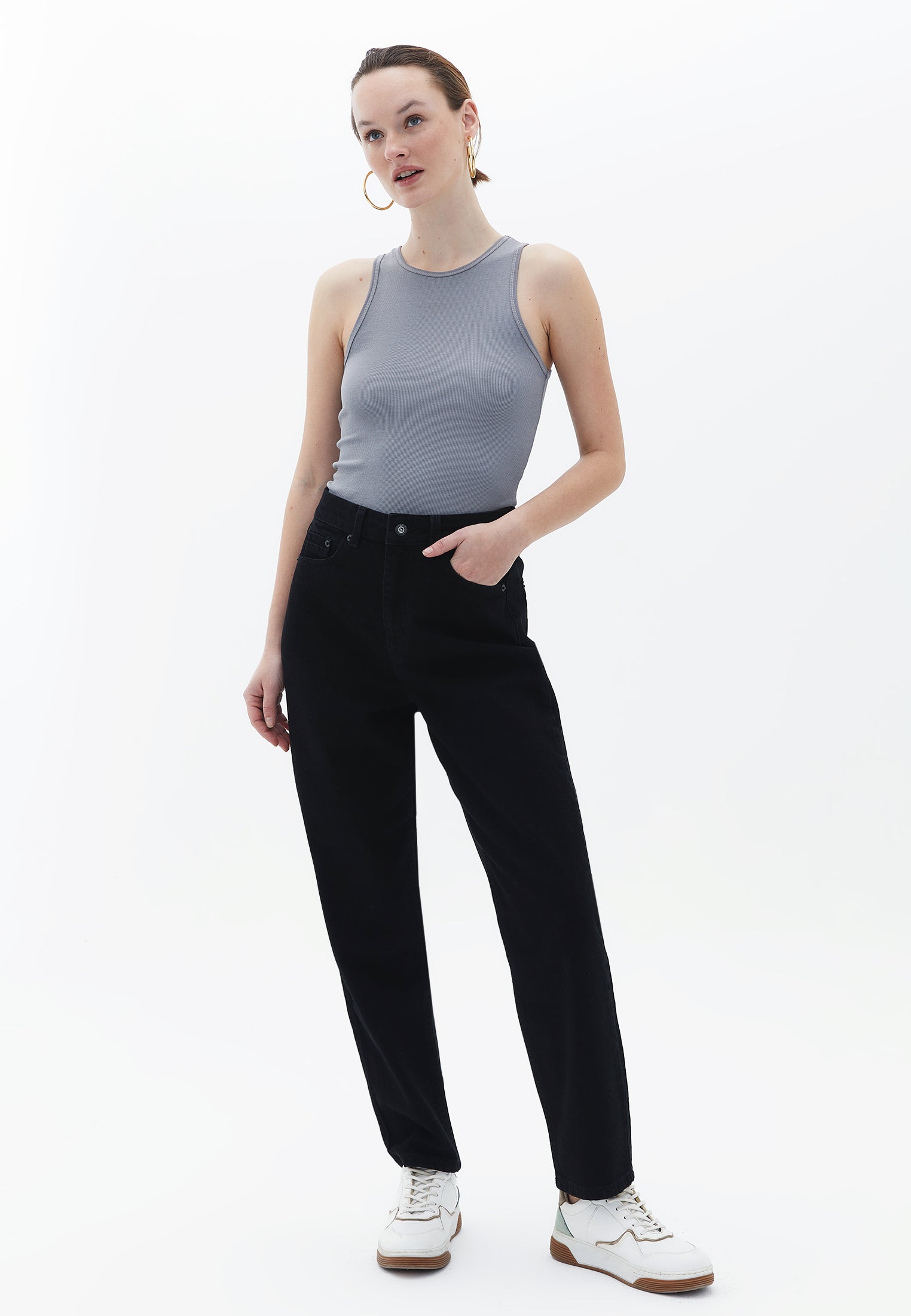 Ultra high waist slim trousers - BLACK DENIM