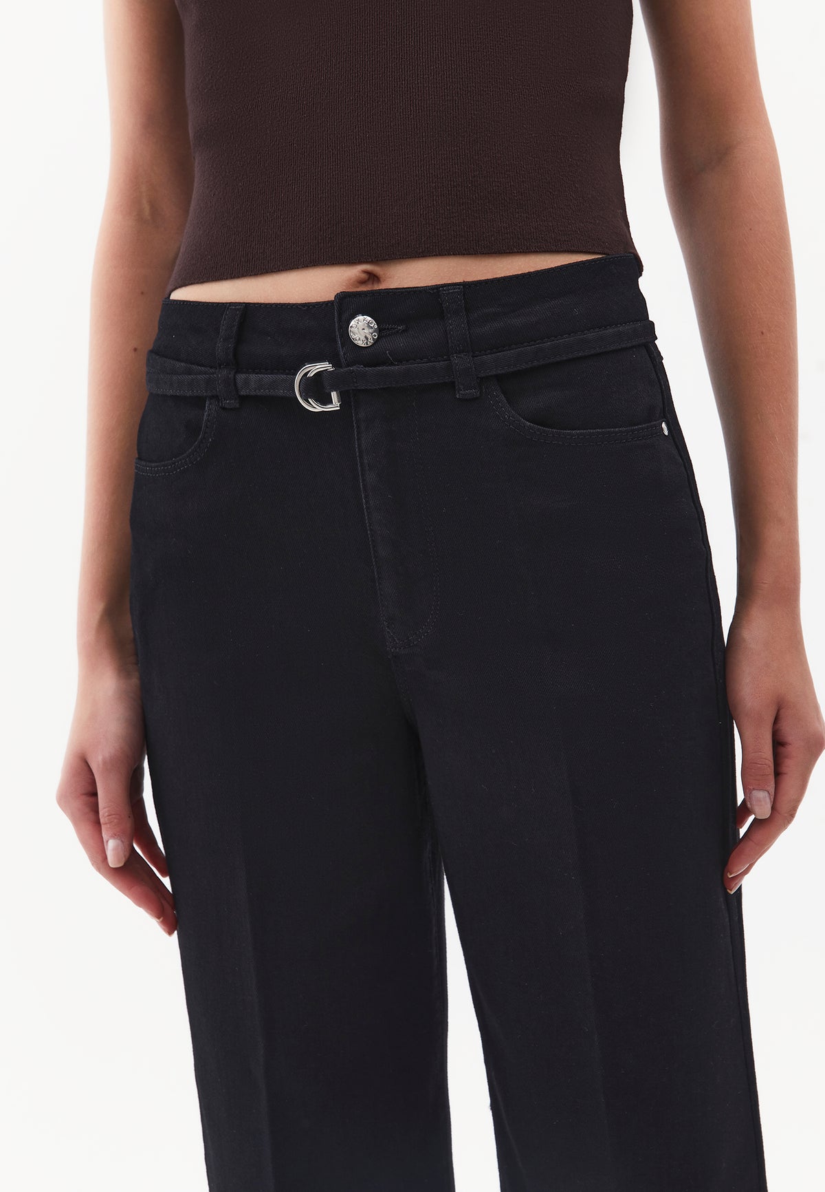 Wide Leg Belted Trousers - Black
