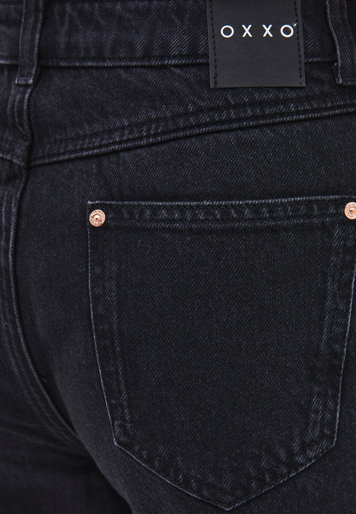 Ultra High Waist Mom Jeans Pants With Stone Details - BLACK DENIM