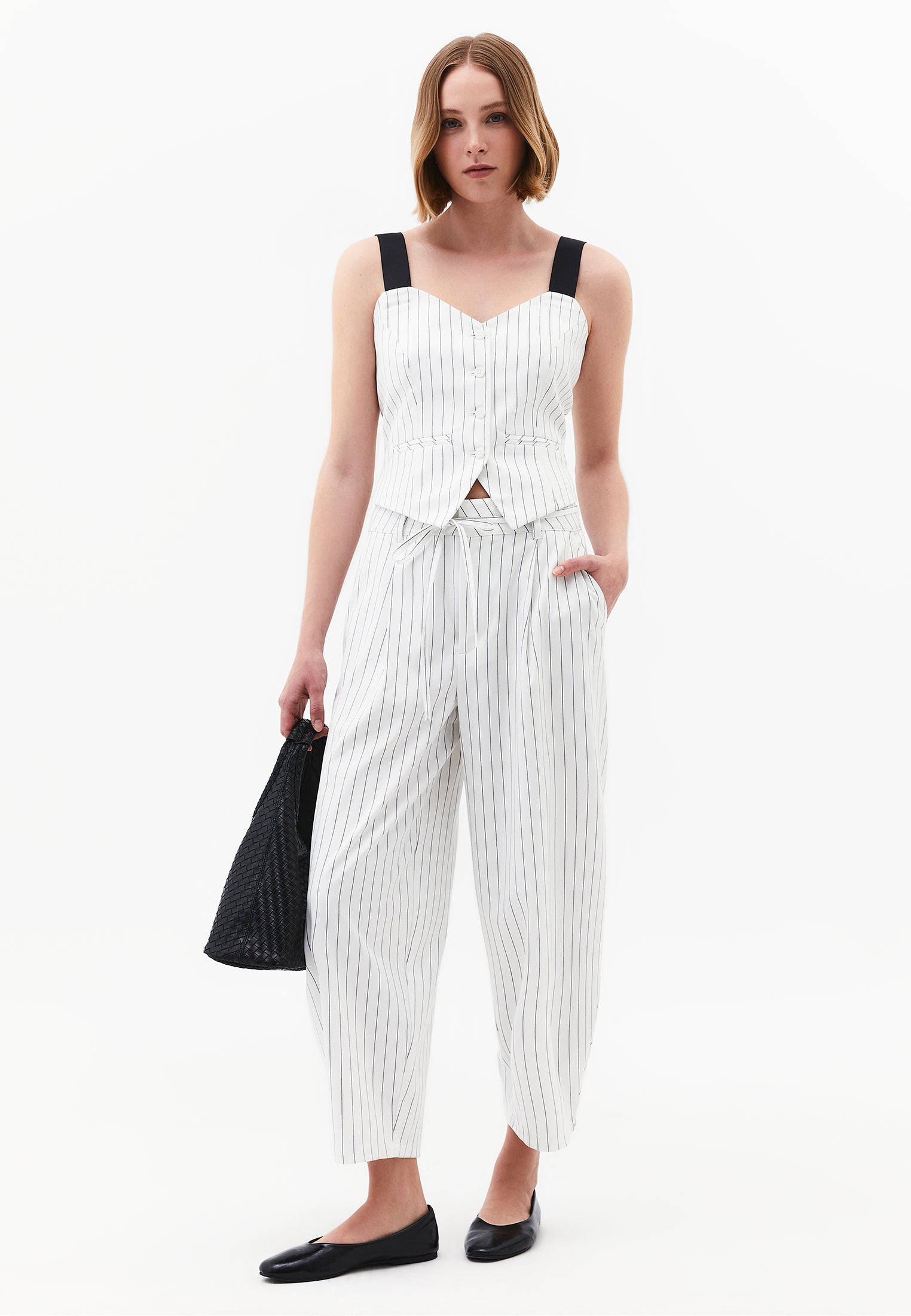 Striped Barrel Leg Long Trousers - BLACK STRIPE COMB