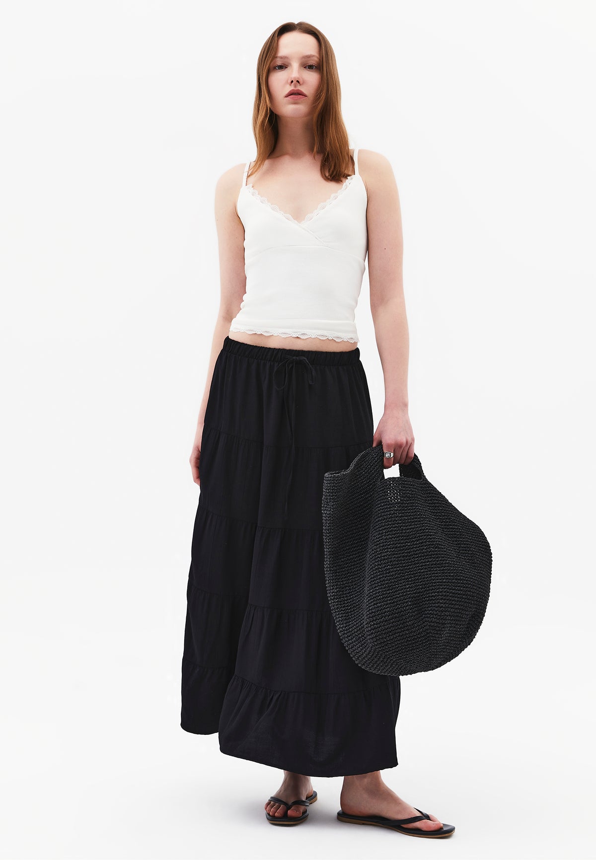 High Waist Ruched Midi Skirt - BLACK