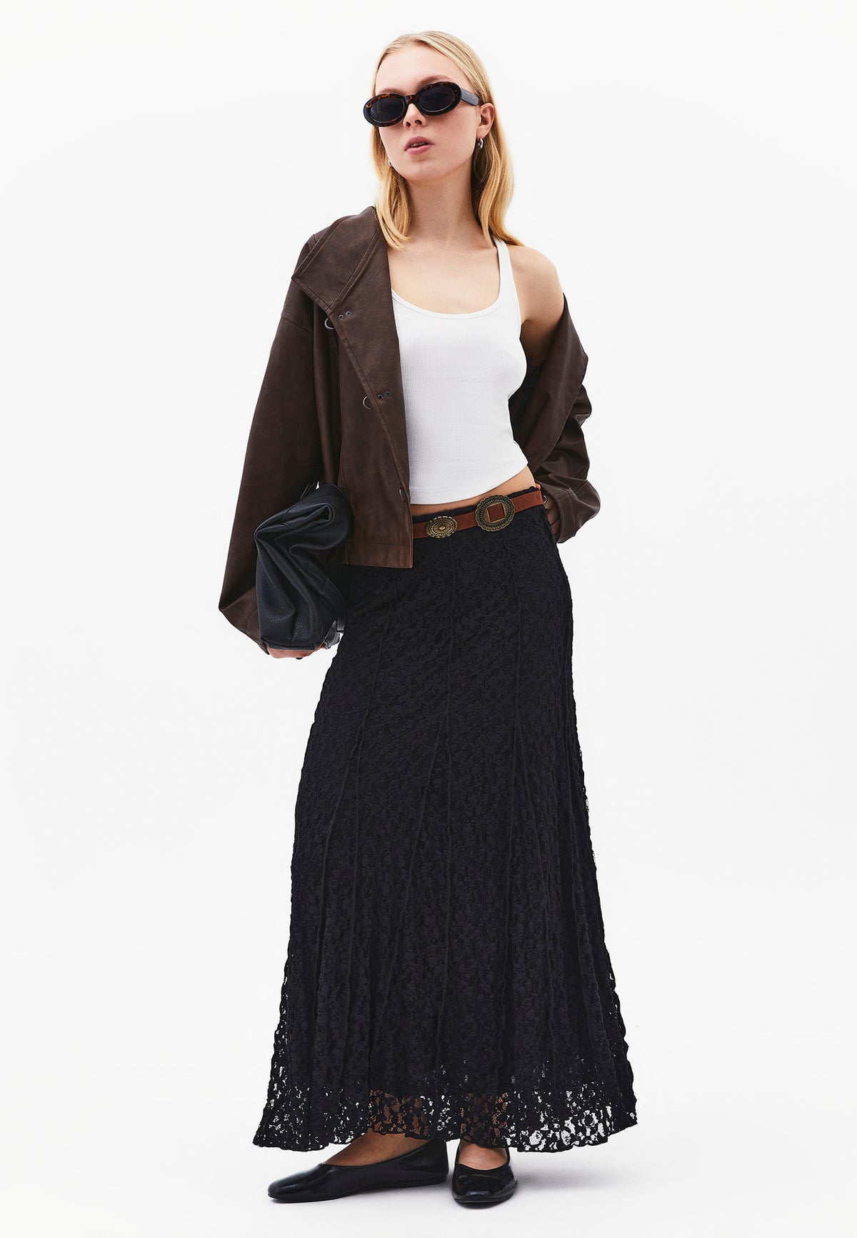 High Waist Flared Long Skirt - BLACK