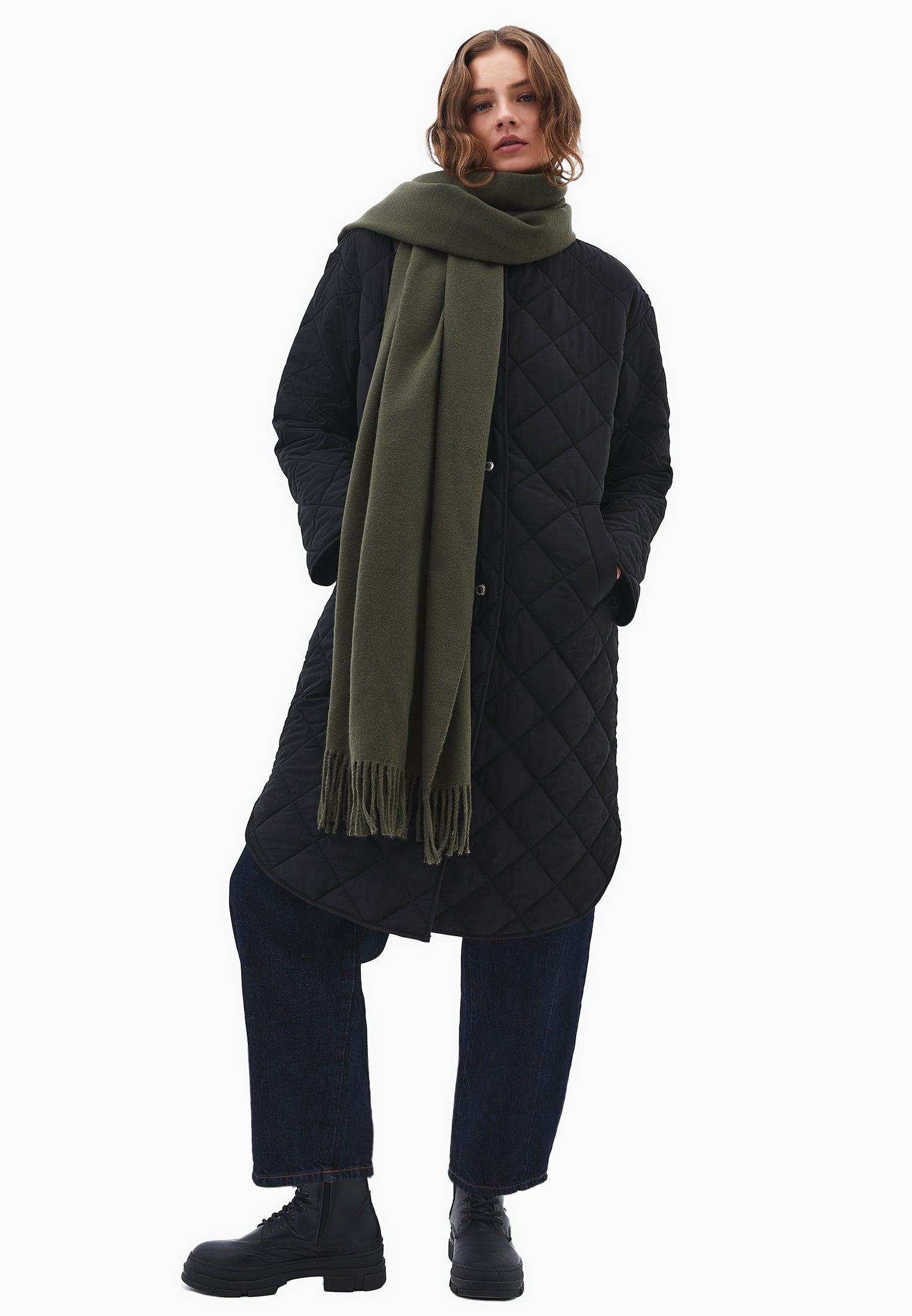 Crew neck long coat - BLACK