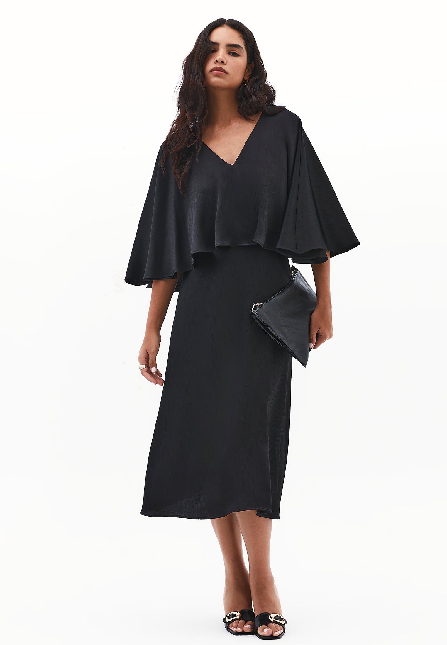 V neck long dress - BLACK