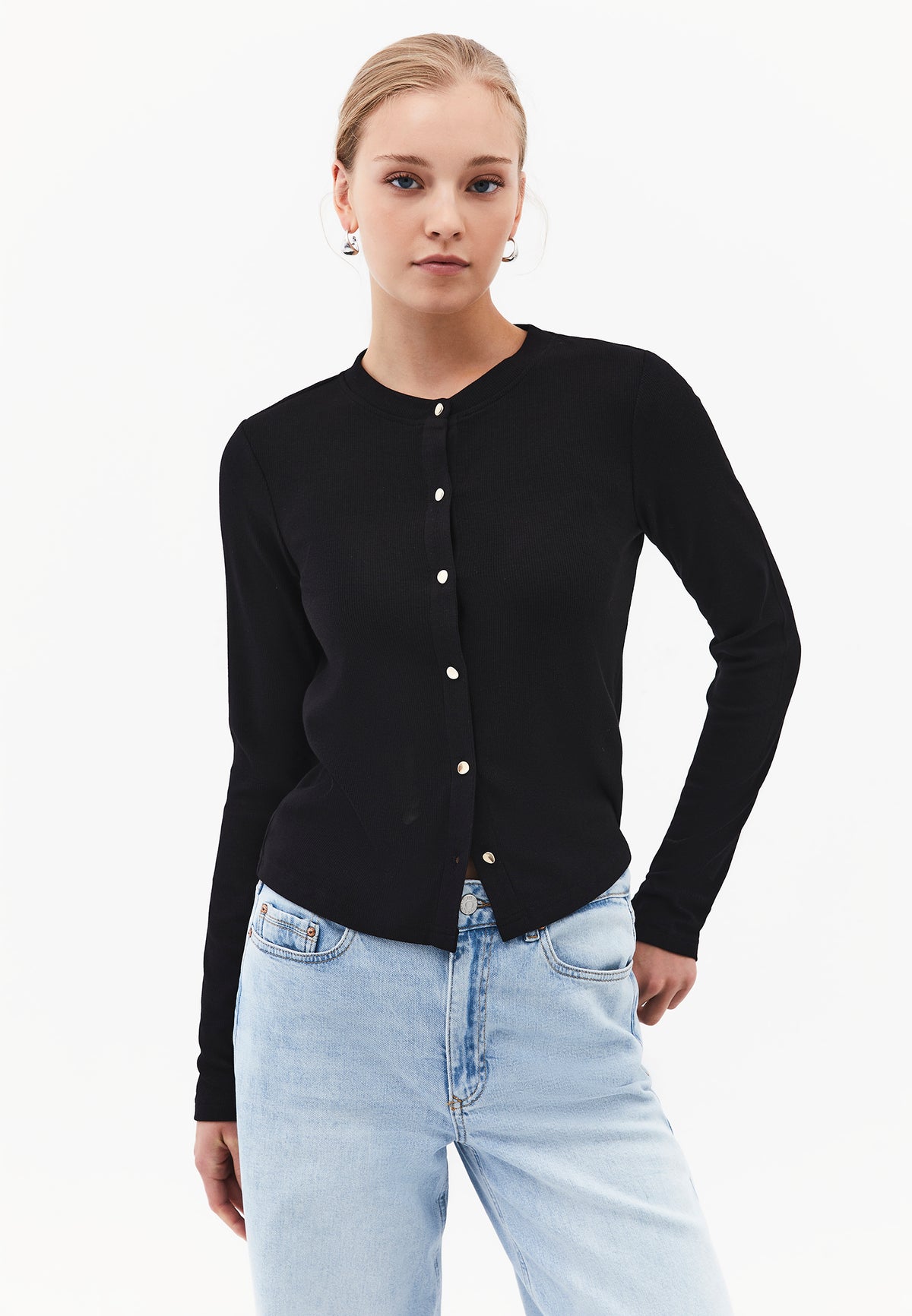 Buttoned Crew Neck Cardigan - BLACK