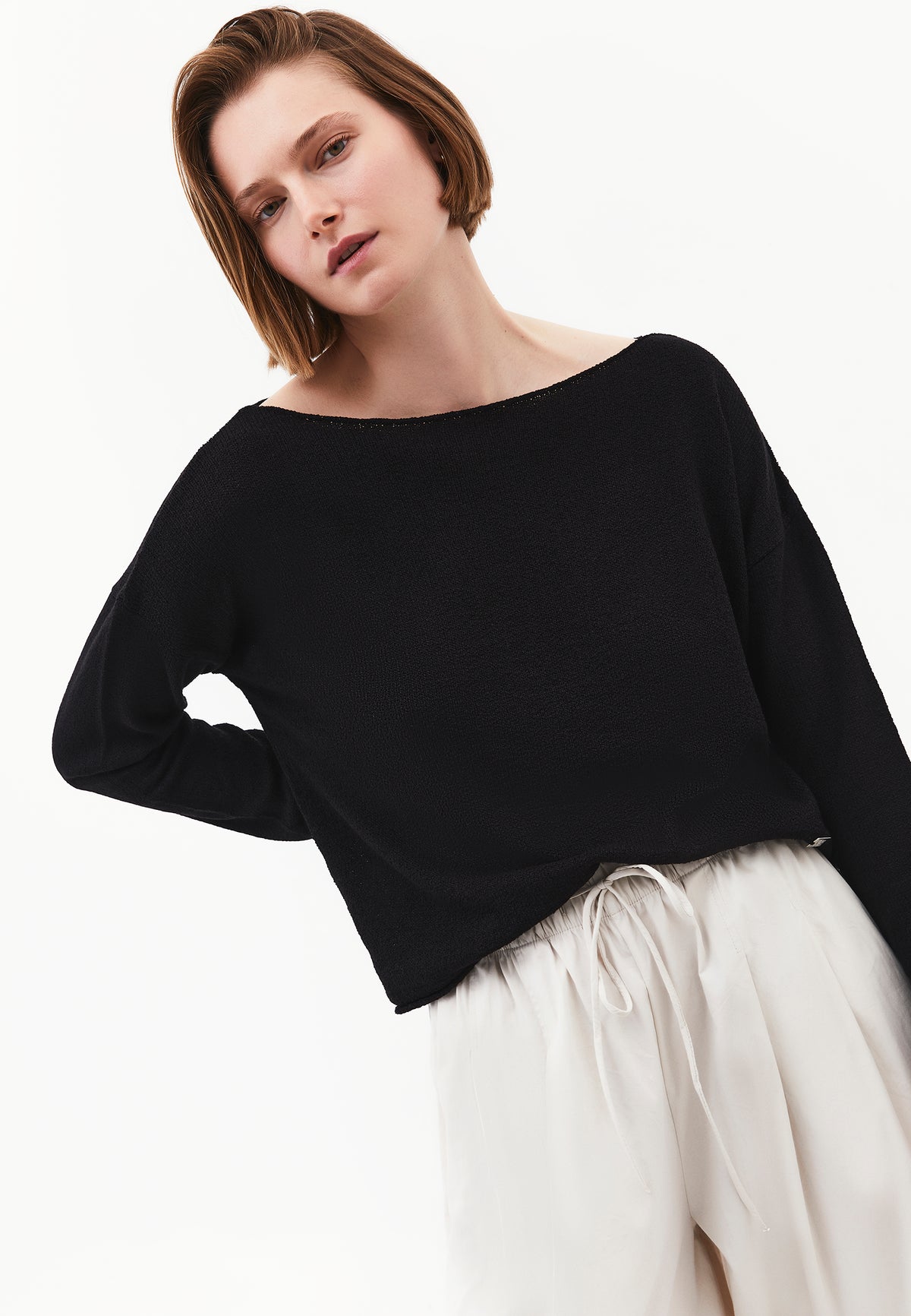 Boat Neck Bouclé Sweater - BLACK