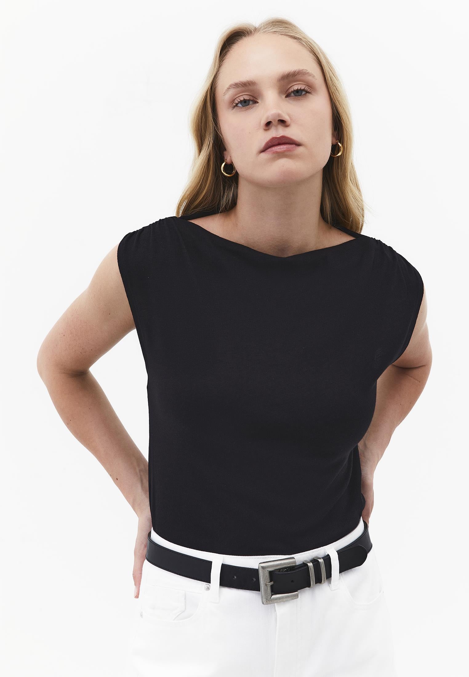 Gathered Boat Neck Tank Top - BLACK