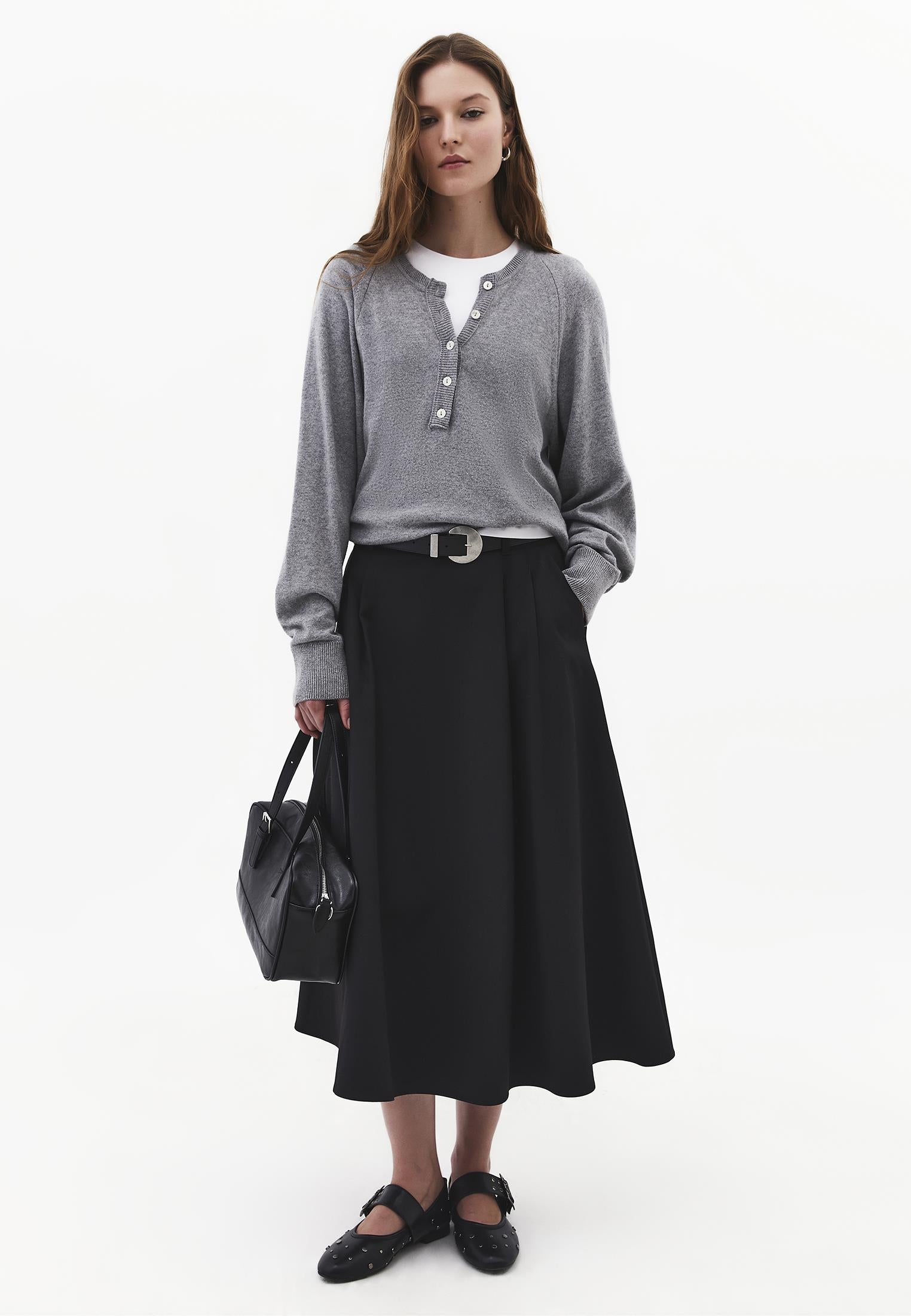 Long Pleated Flared Skirt - BLACK