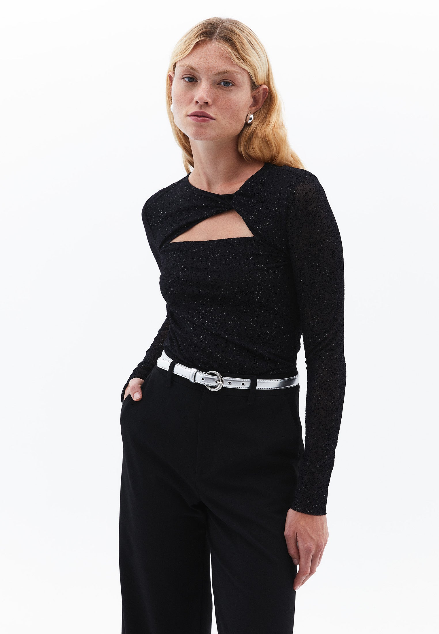 Glitter Crew Neck Long Sleeve T-Shirt - BLACK