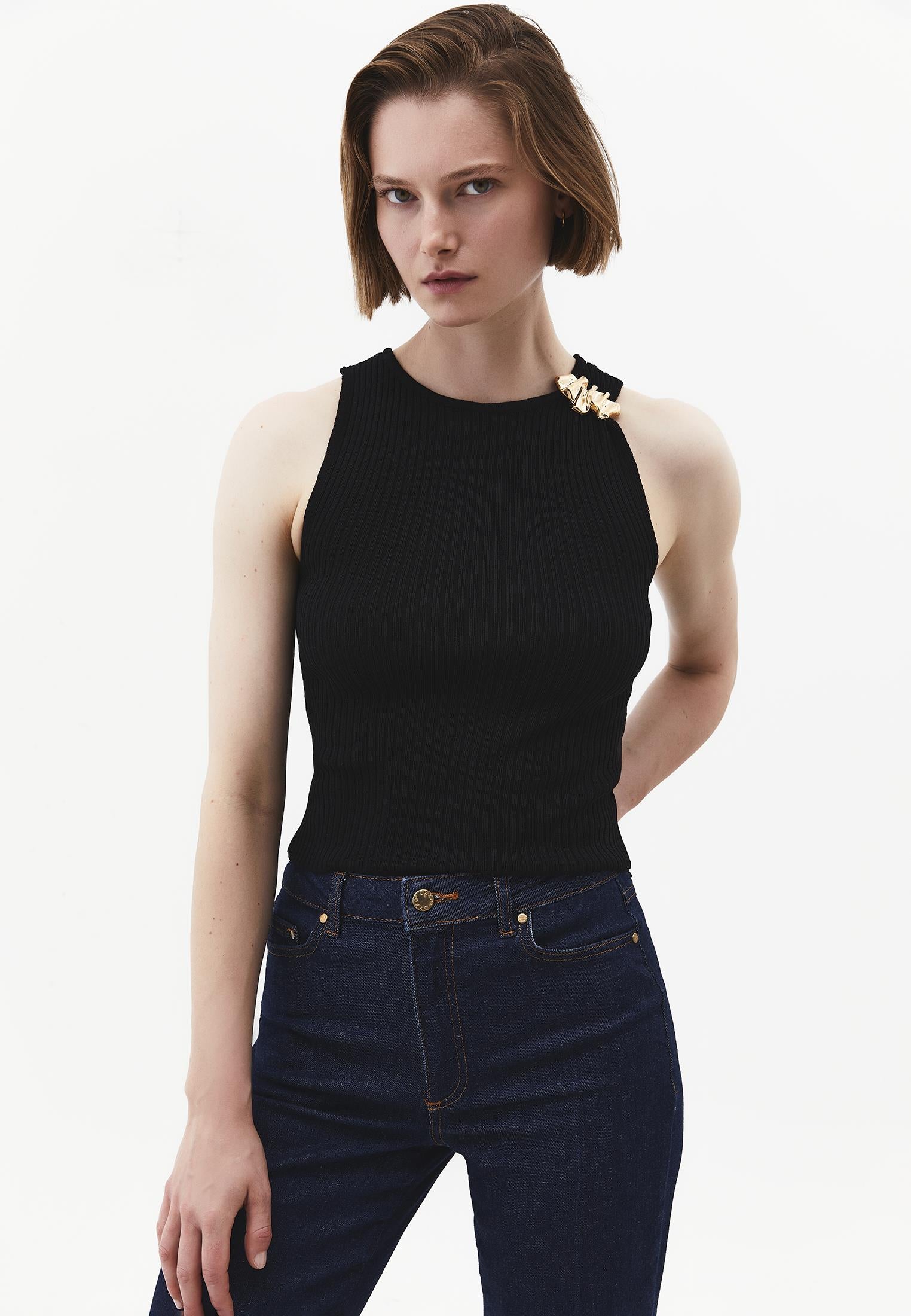 Ribbed Tank Top With Boat Neck - BLACK