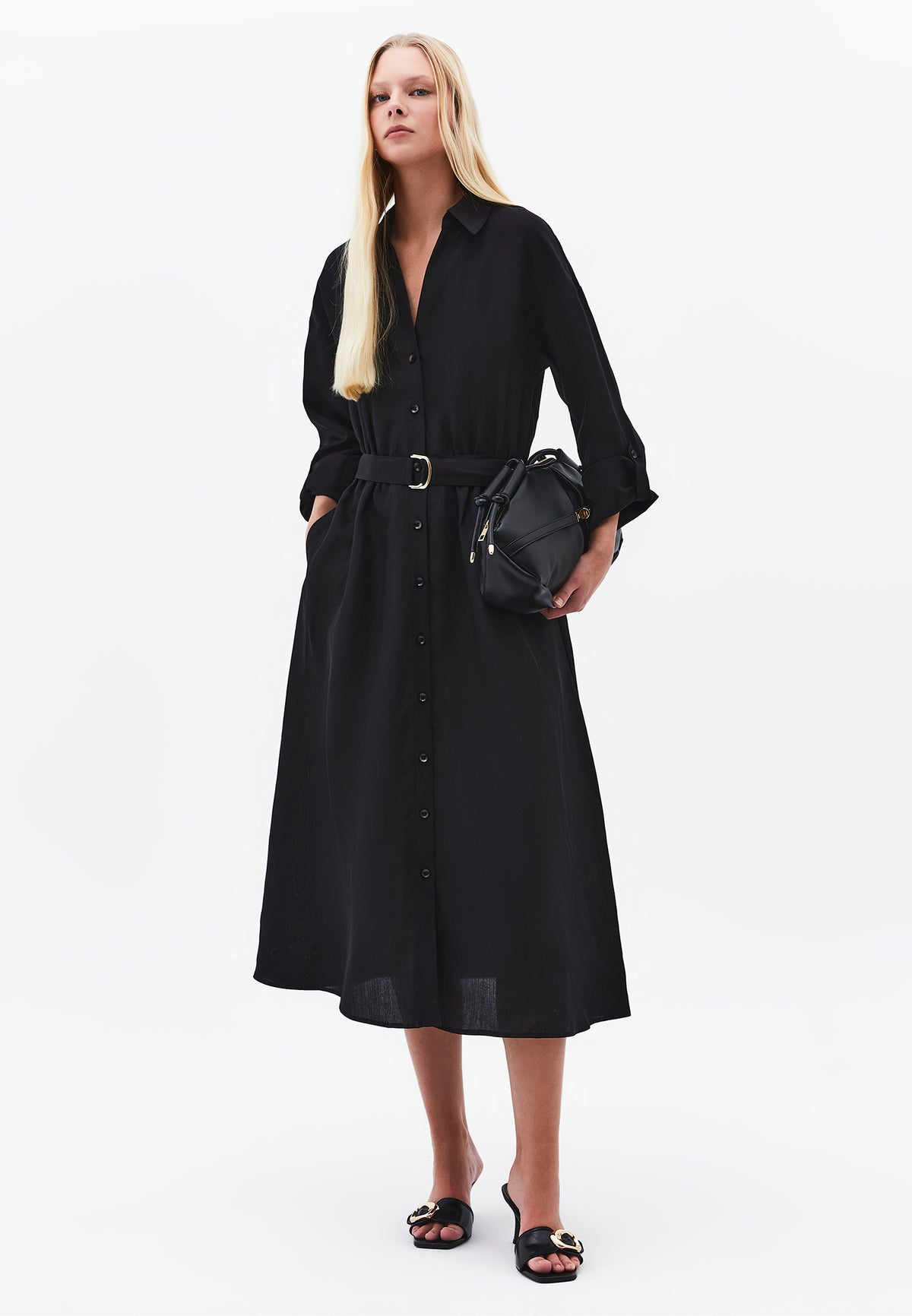 Belt Detailed Long Shirt Collar Dress - Black