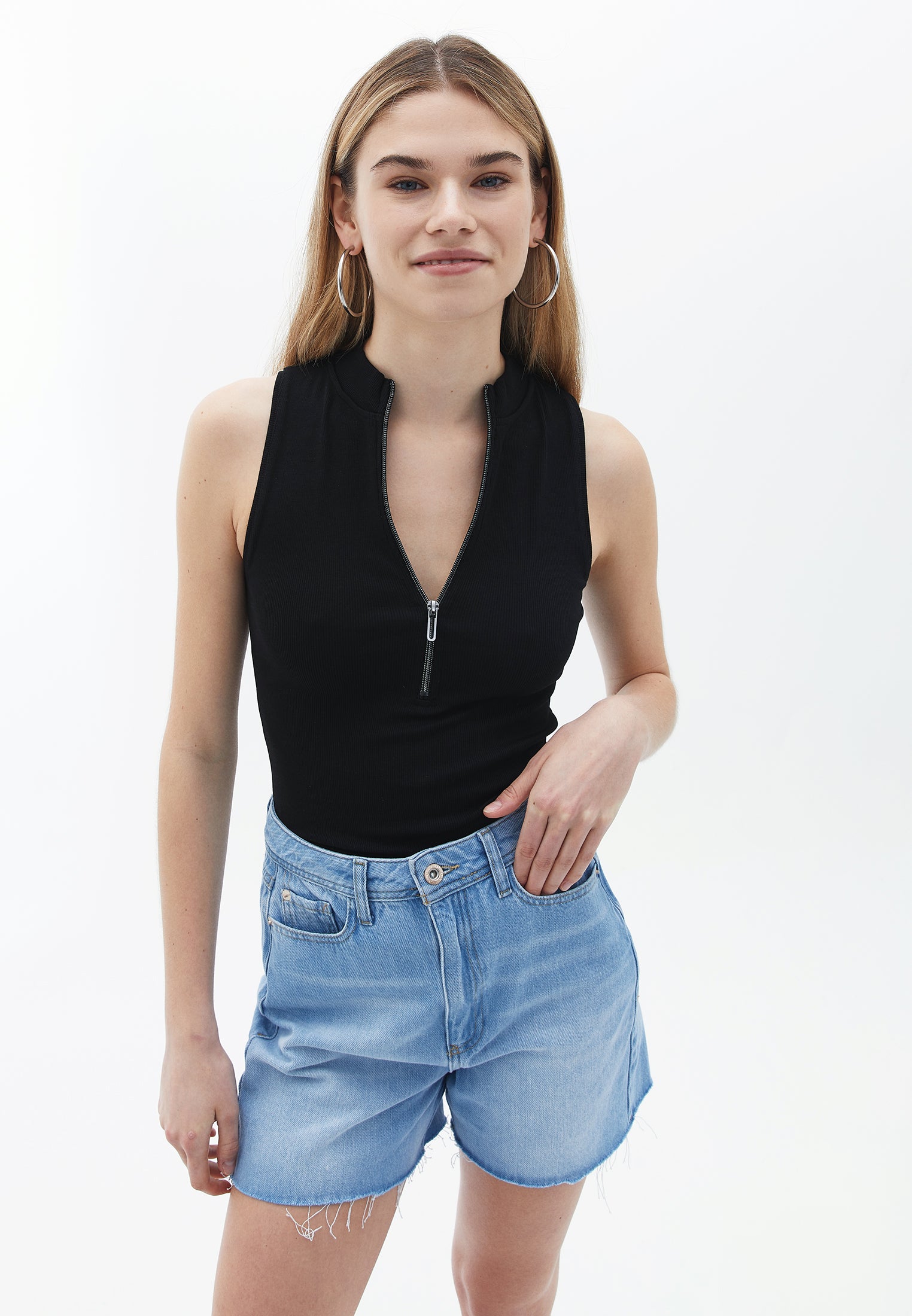 Zipper detailed cotton tank top - BLACK