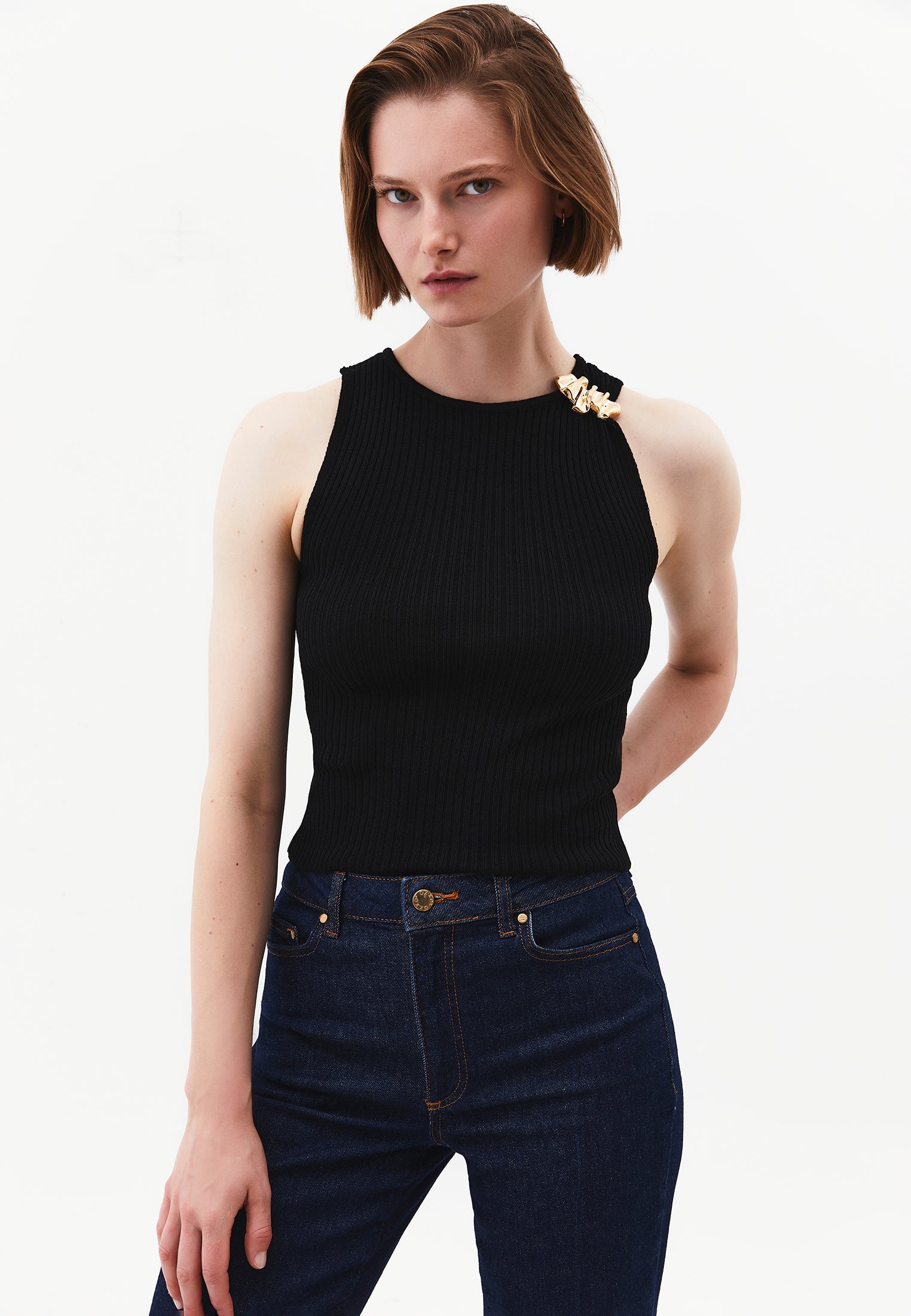 Ribbed Tank Top With Boat Neck - BLACK