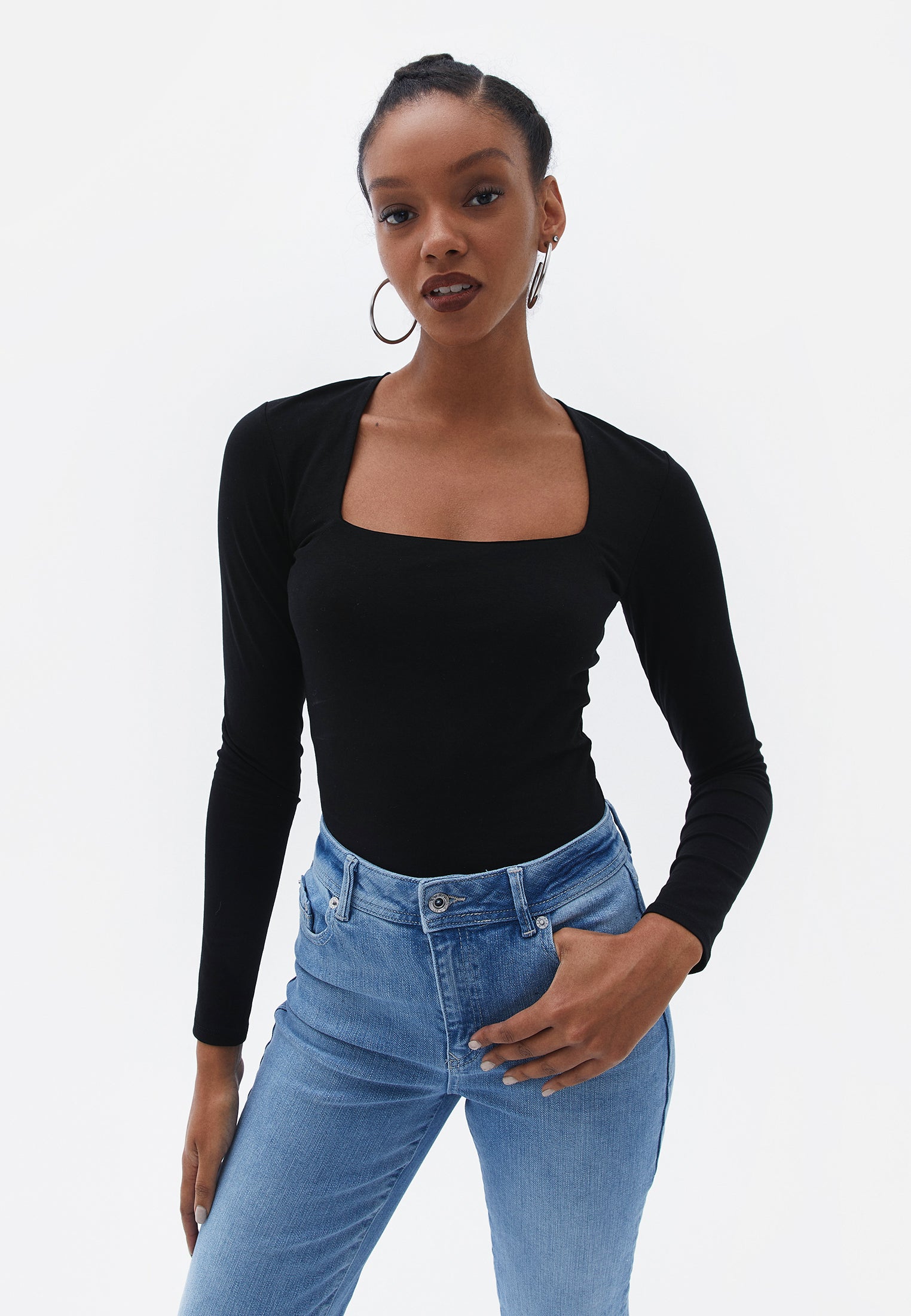 Square neck long sleeve t-shirt - BLACK