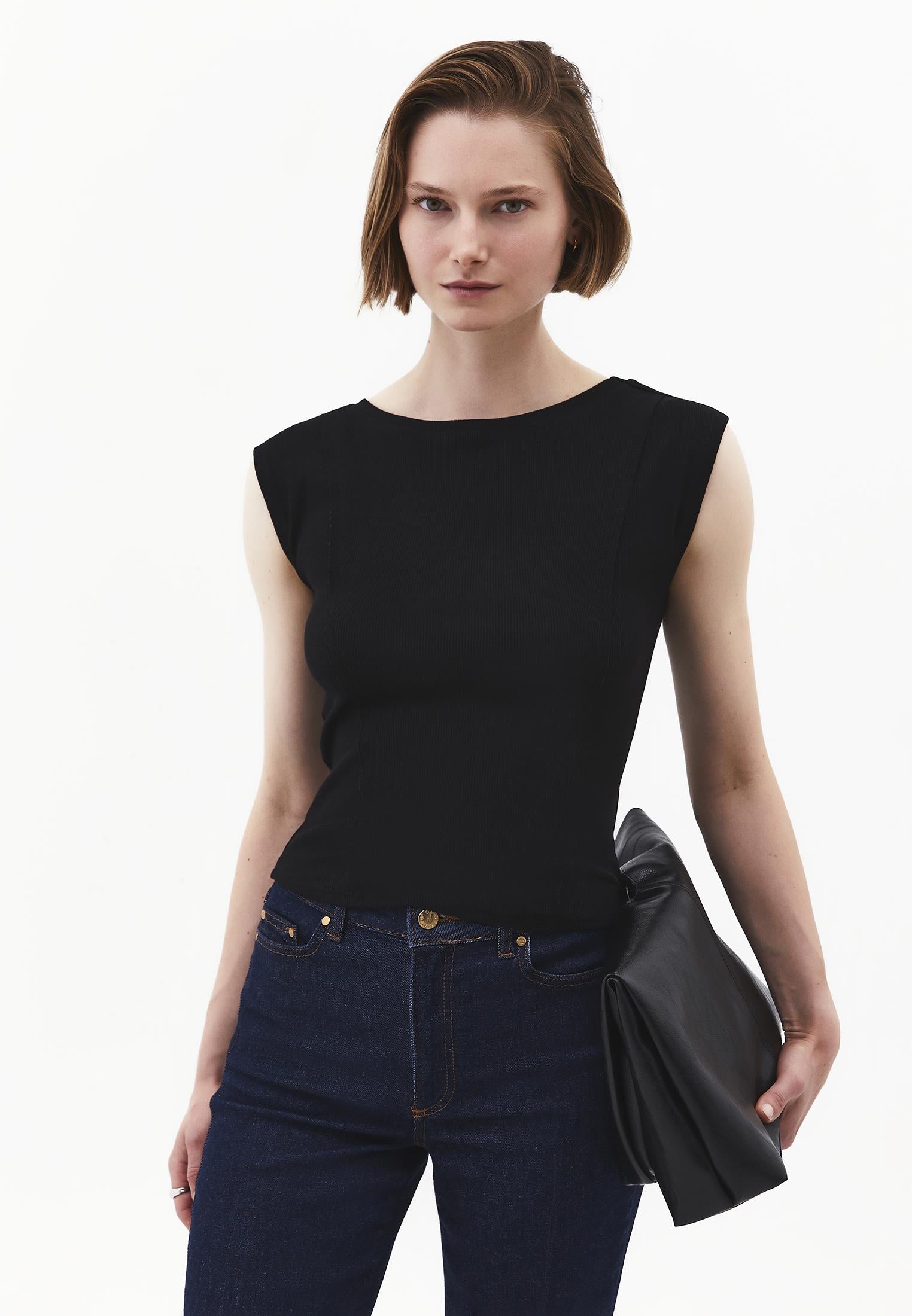 Boat Neck Sleeveless T-Shirt - BLACK