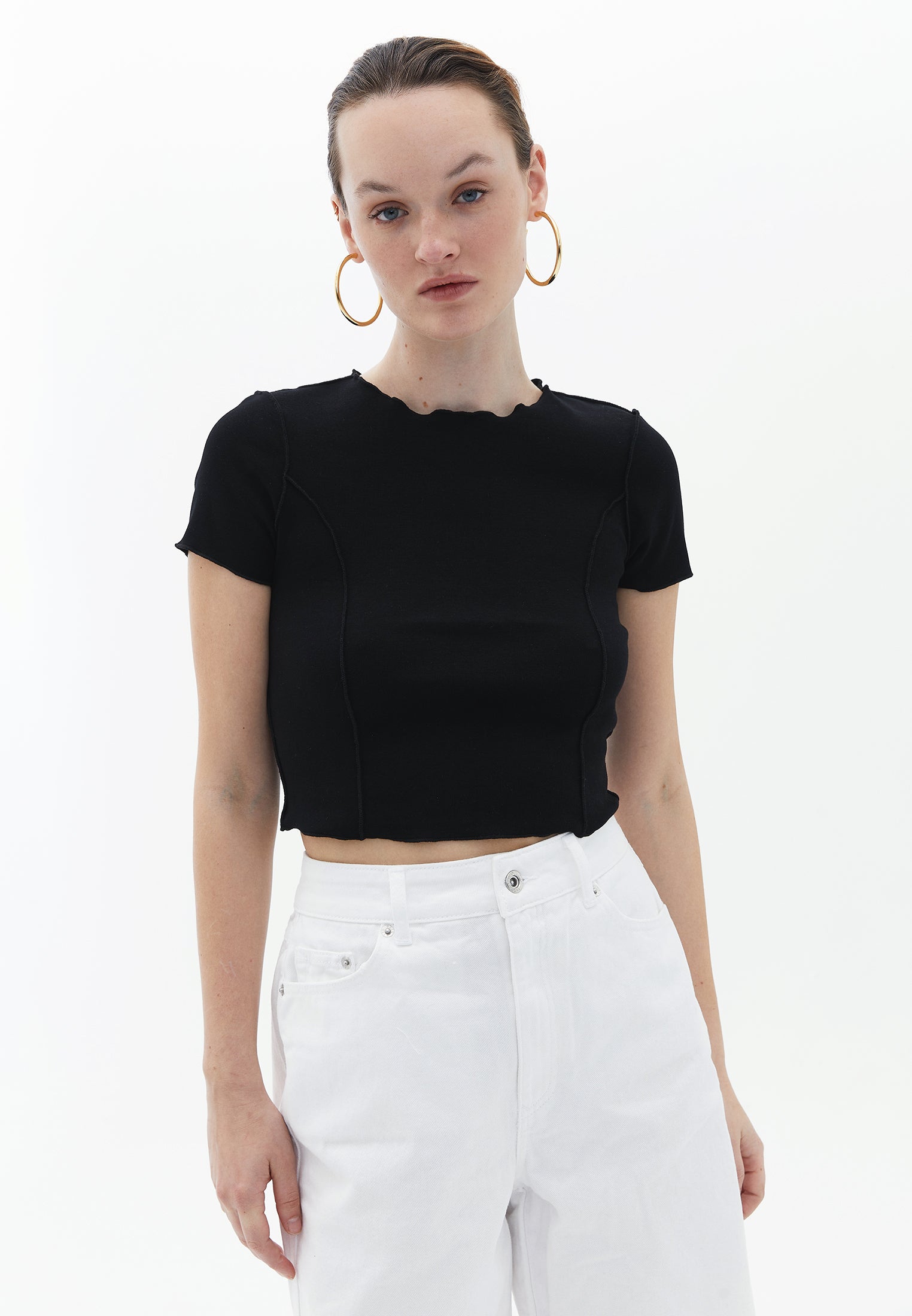 Short sleeve ribbed crew neck t-shirt - BLACK