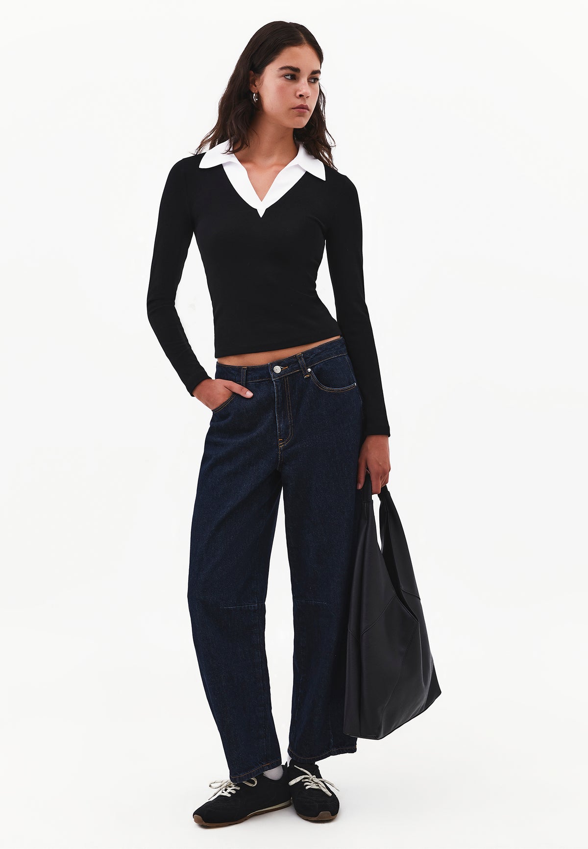 Polo Neck Long Sleeve Bodycon T-Shirt - Black
