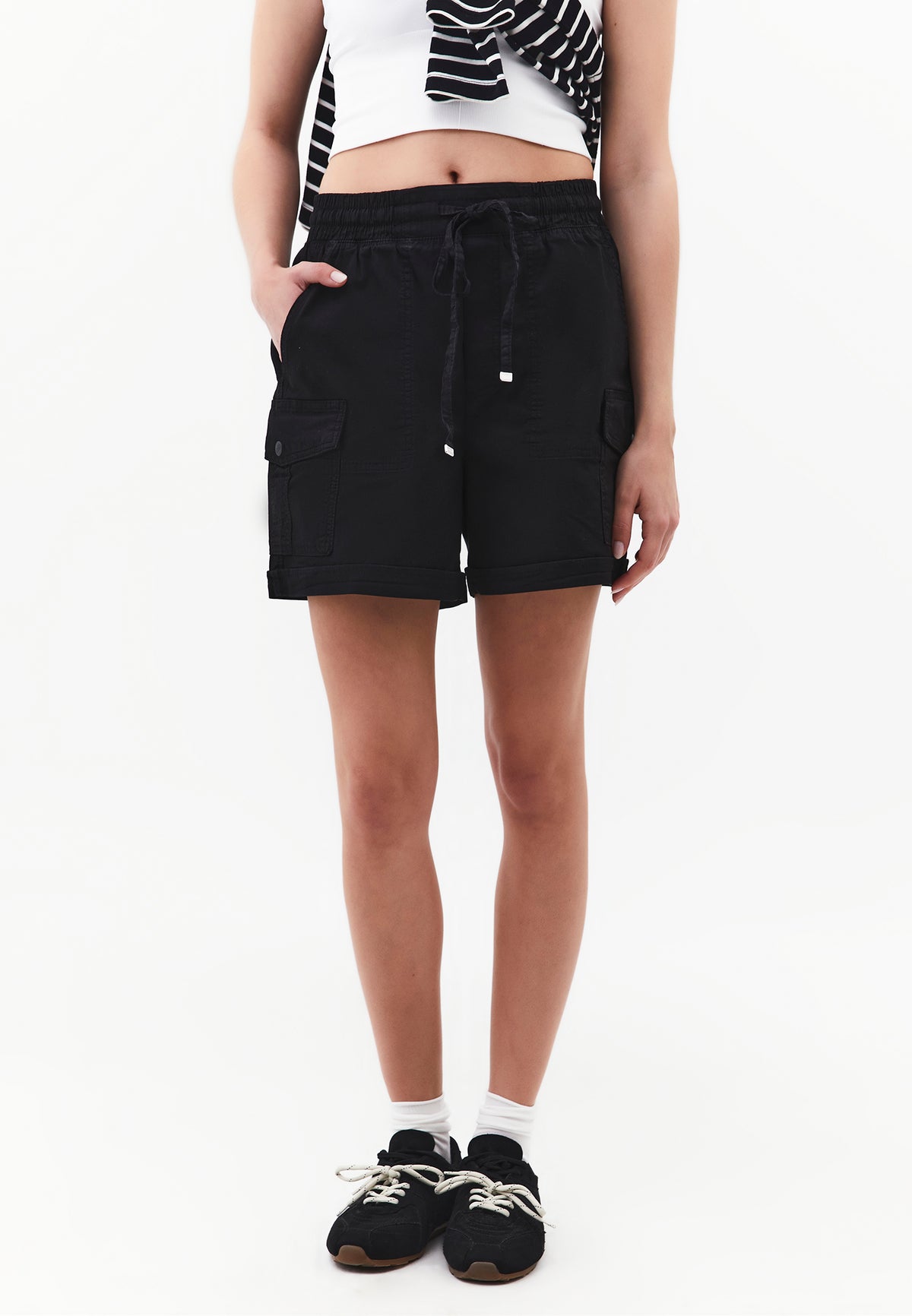 Ultra High Waist Elastic Waistband Tie Shorts - Black