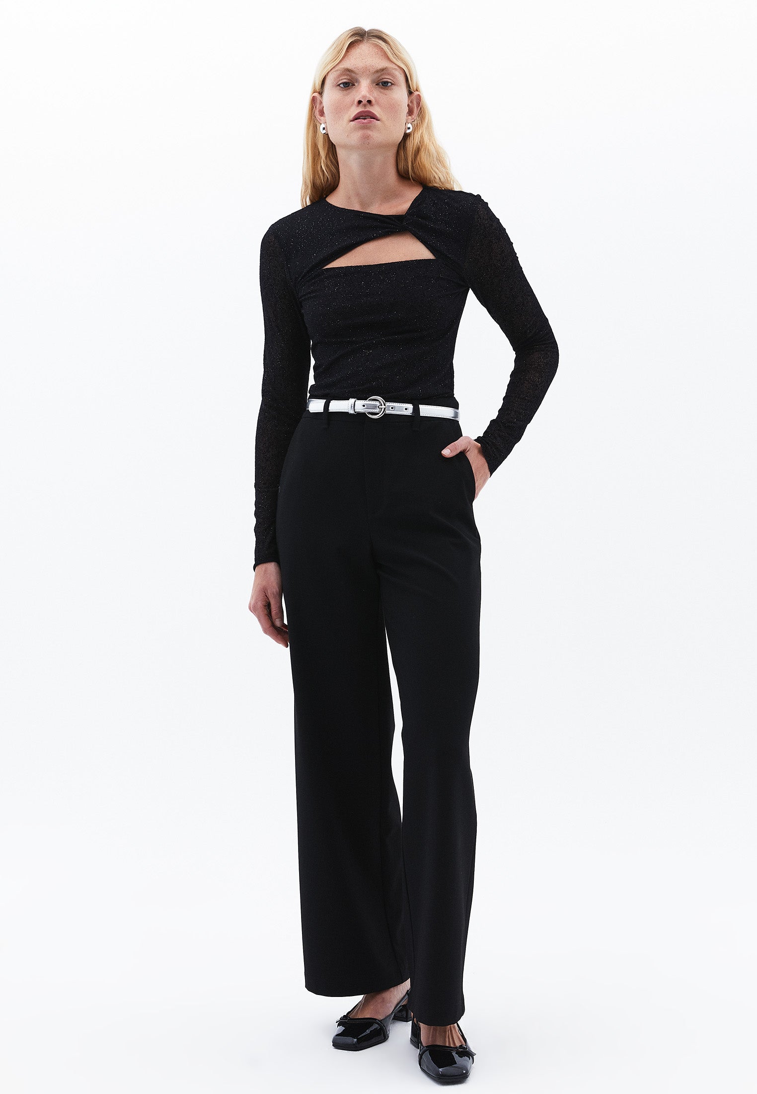 Glitter Crew Neck Long Sleeve T-Shirt - BLACK
