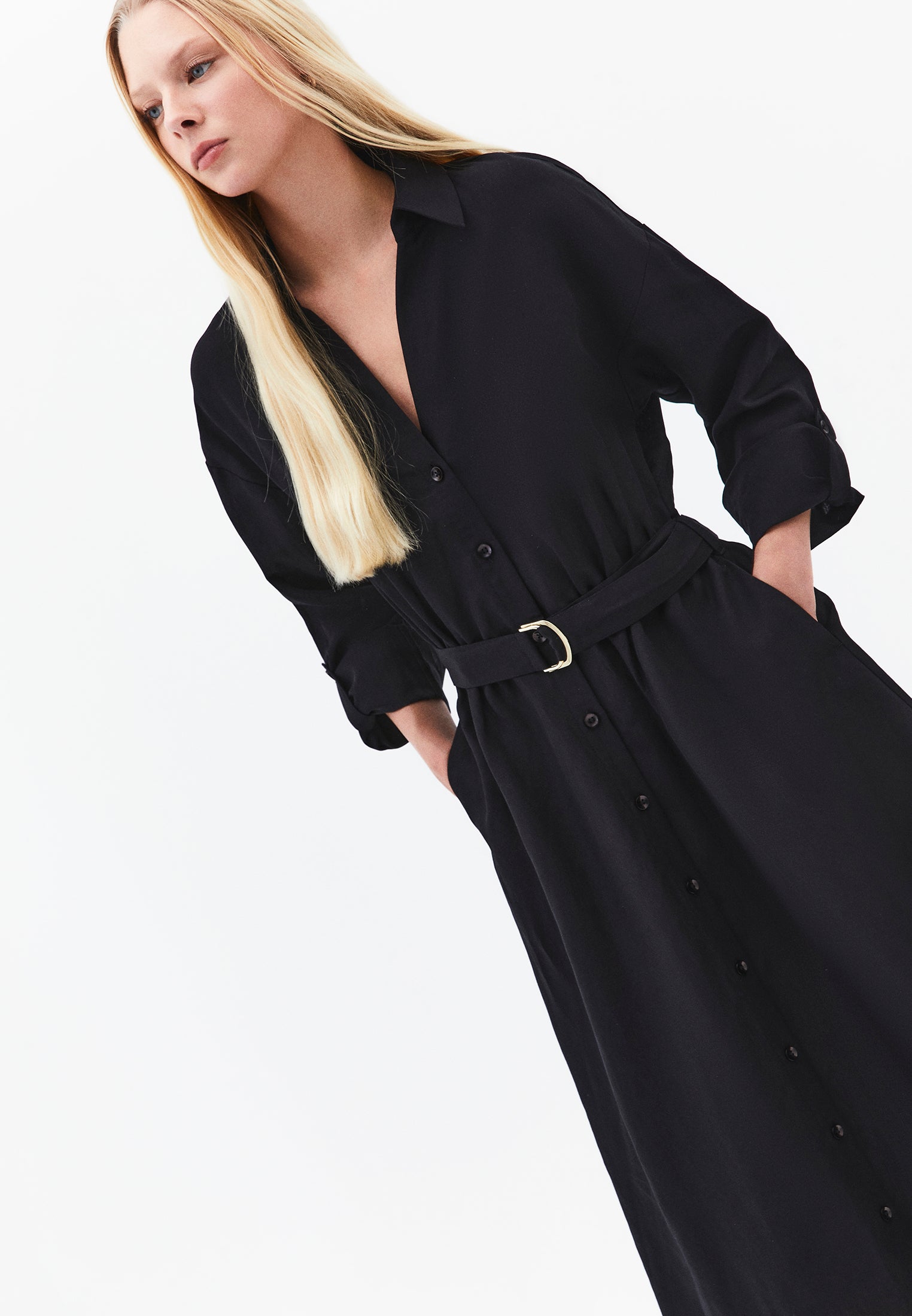 Long shirt collar dress with belt detail - BLACK