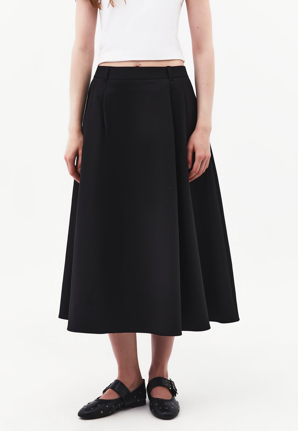Long Pleated Flared Skirt - BLACK