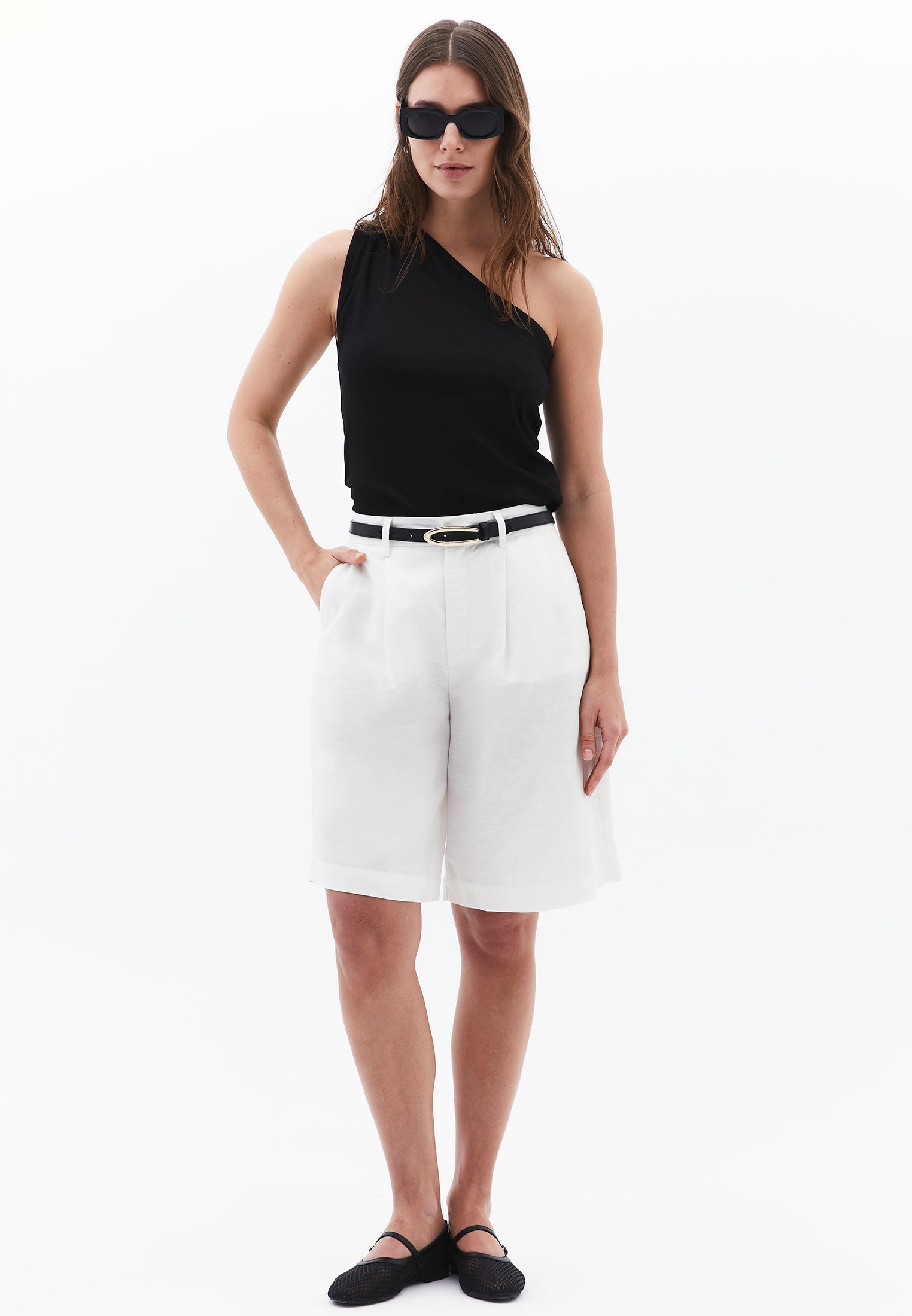 Pleated One-Shoulder Blouse - BLACK