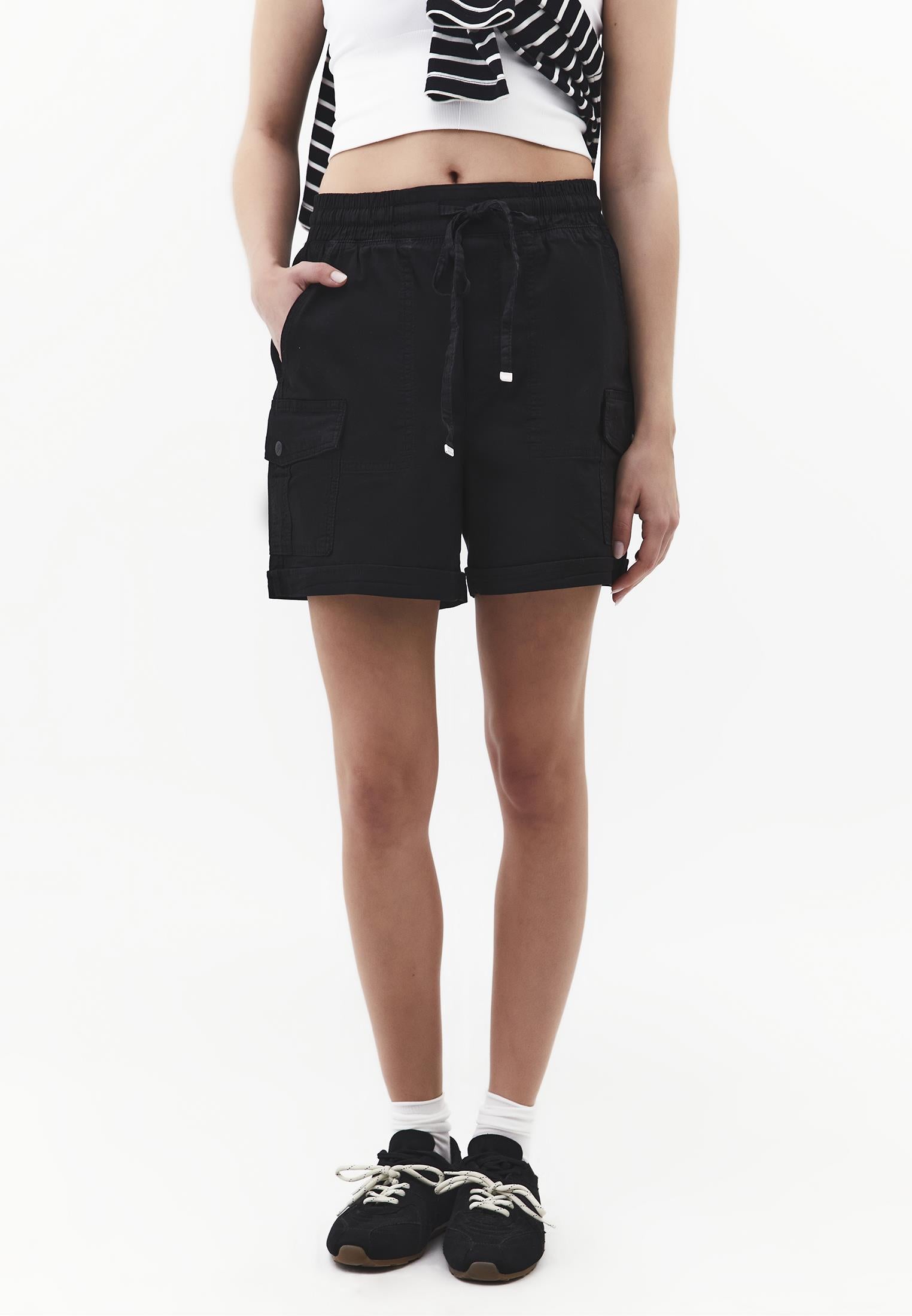 Ultra High Waist Elastic Waistband Tie Shorts - BLACK