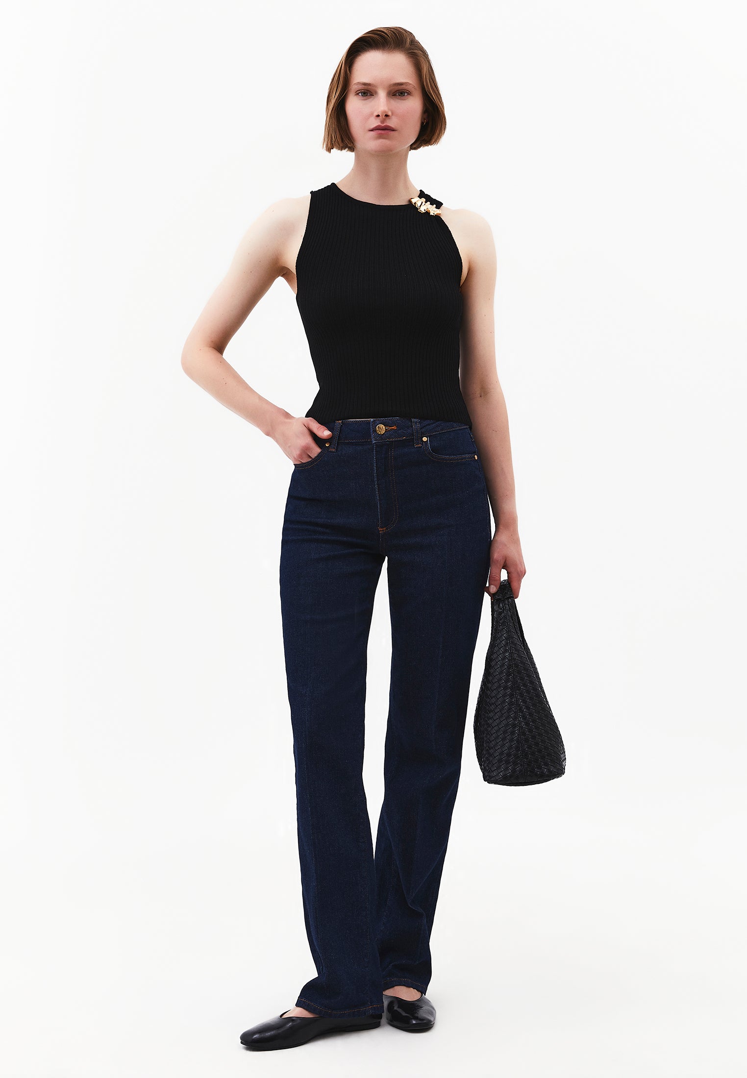 Ribbed Tank Top With Boat Neck - BLACK
