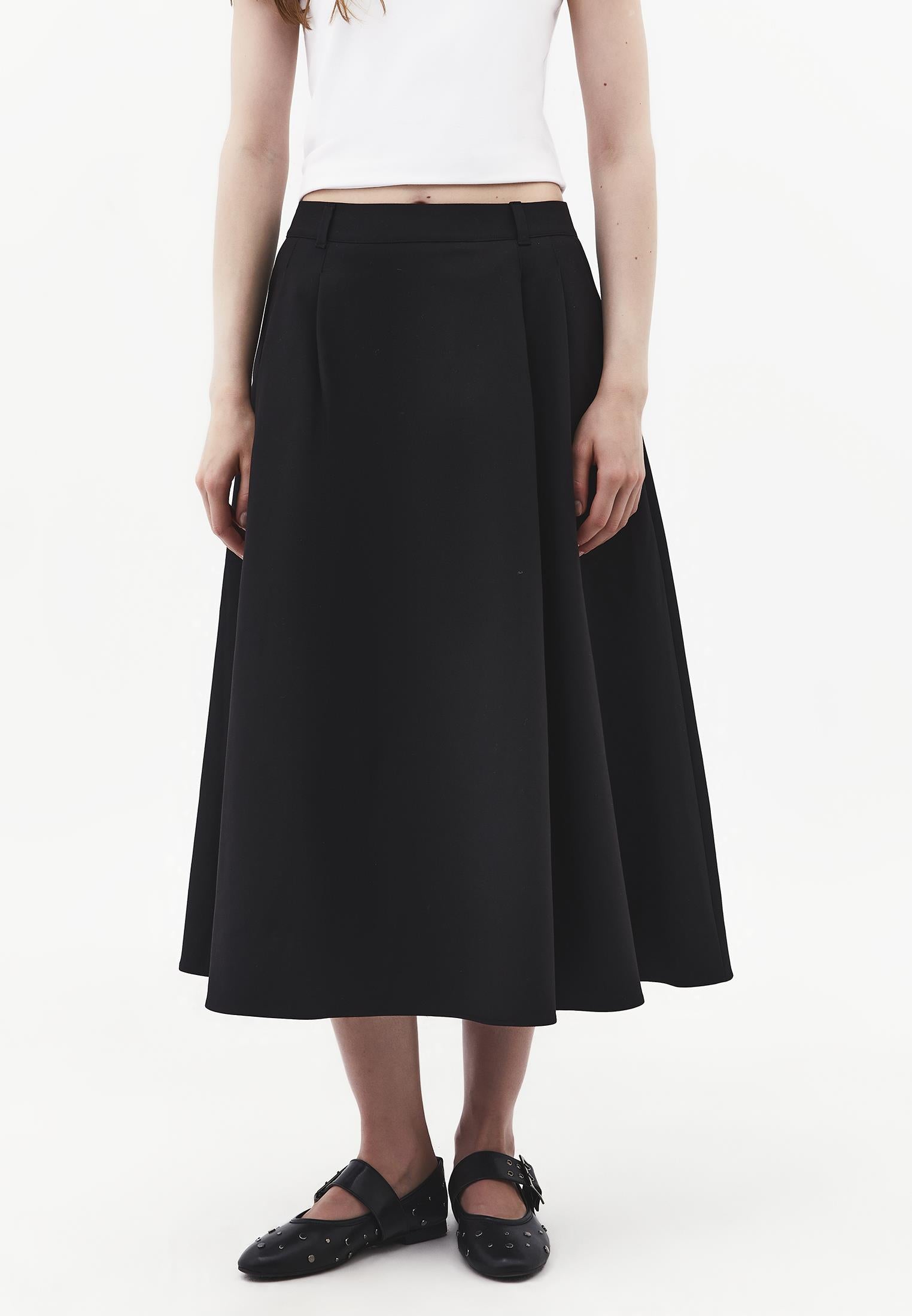 Long Pleated Flared Skirt - BLACK