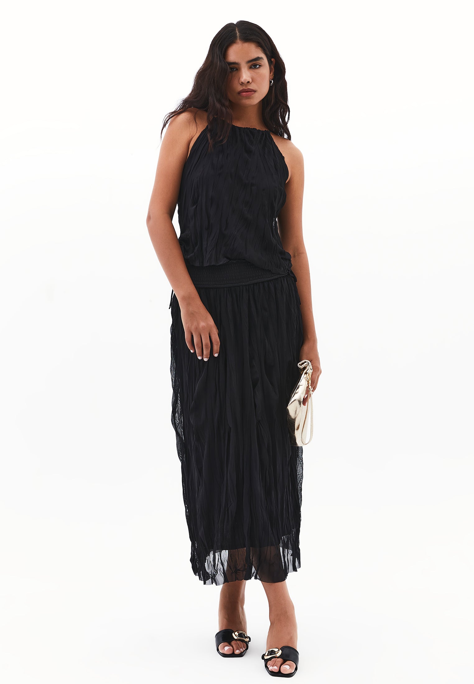 Halter neck wrinkled look blouse - BLACK