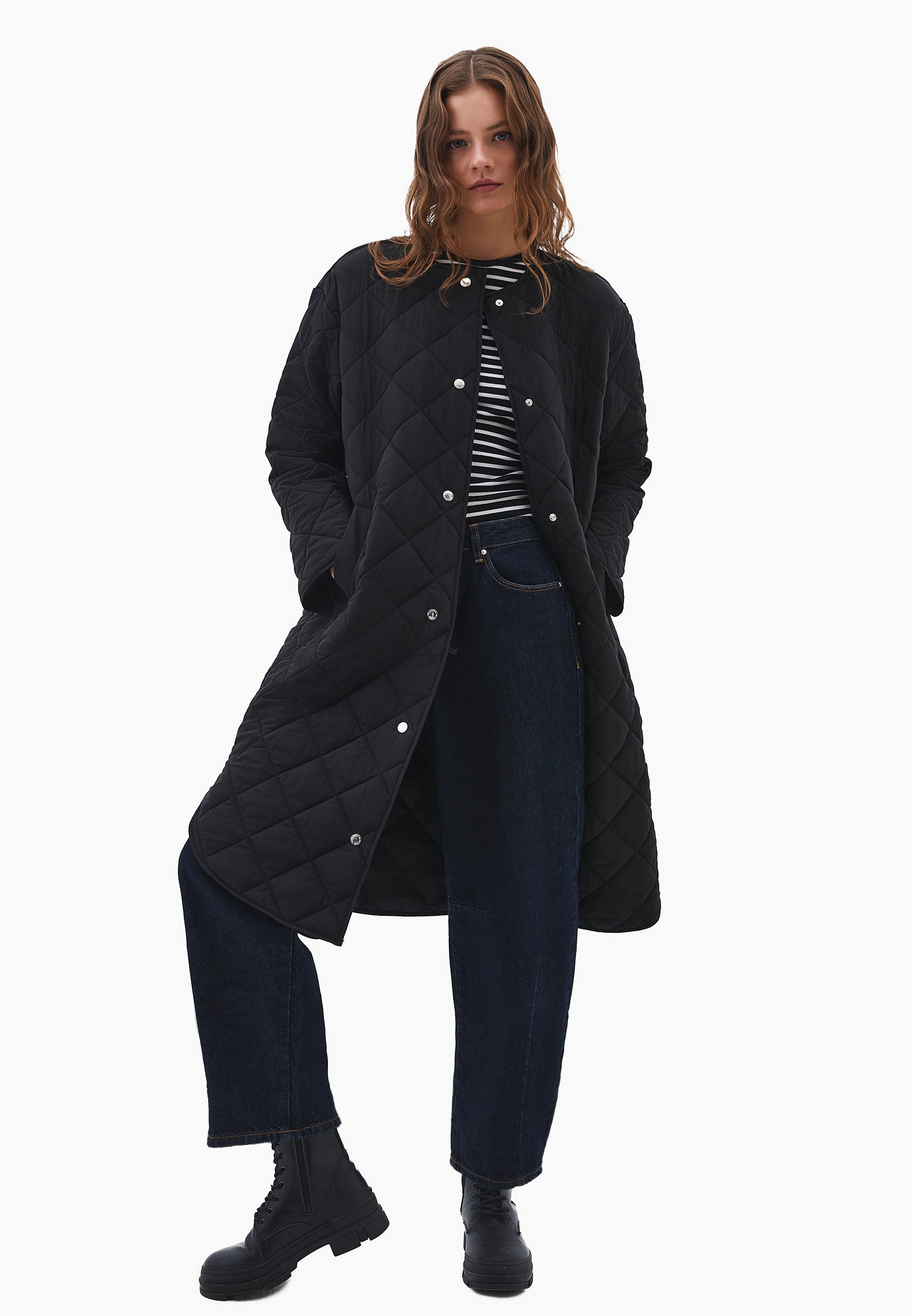 Crew neck long coat - BLACK