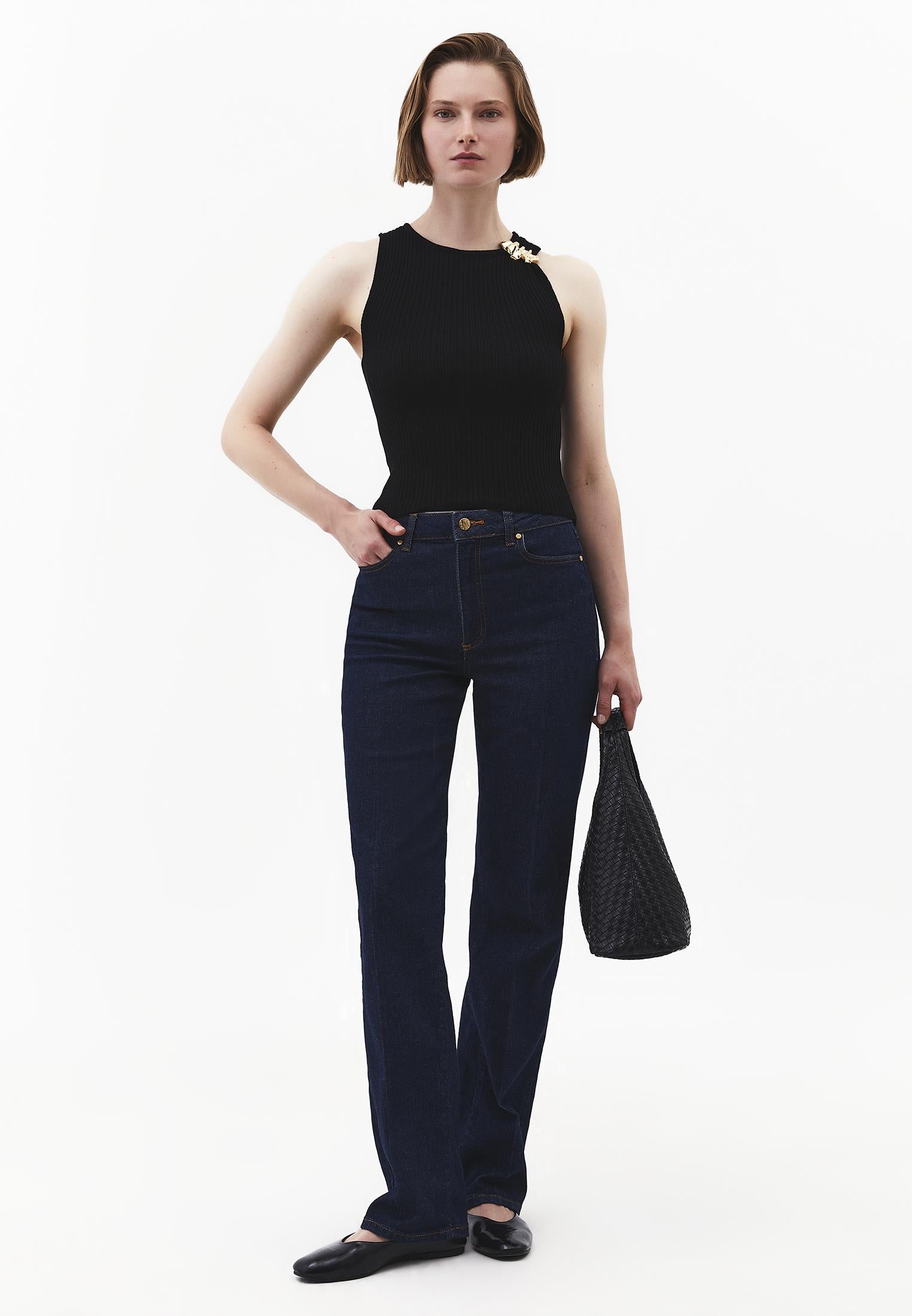 Ribbed Tank Top With Boat Neck - BLACK