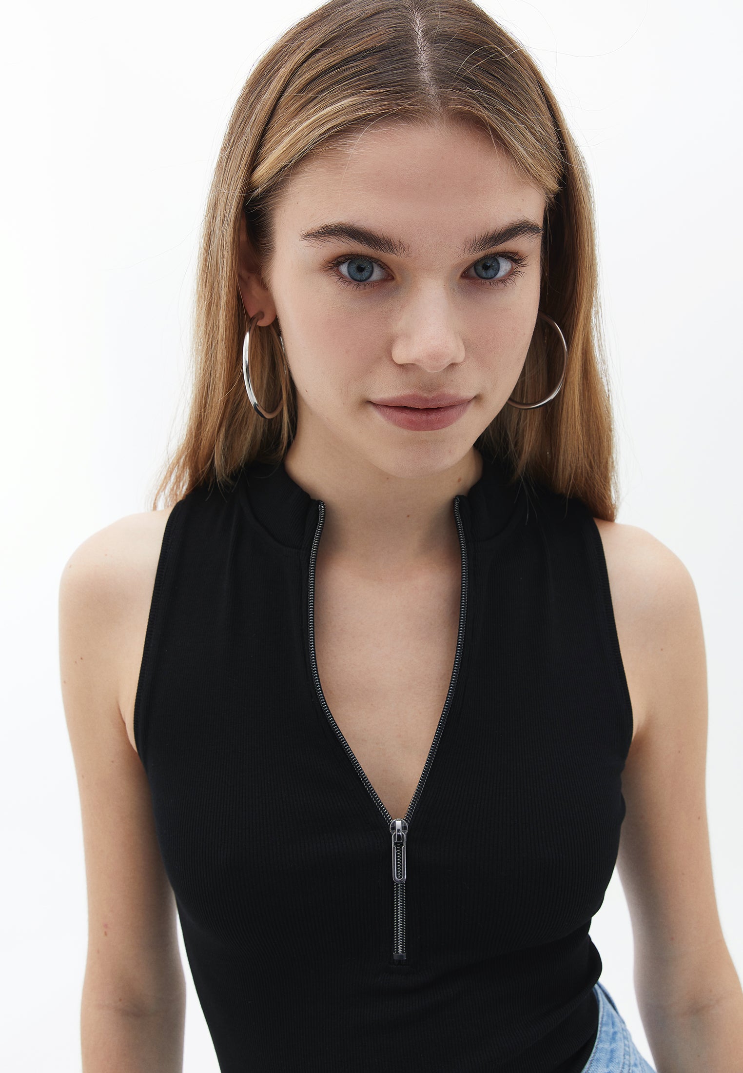 Zipper detailed cotton tank top - BLACK