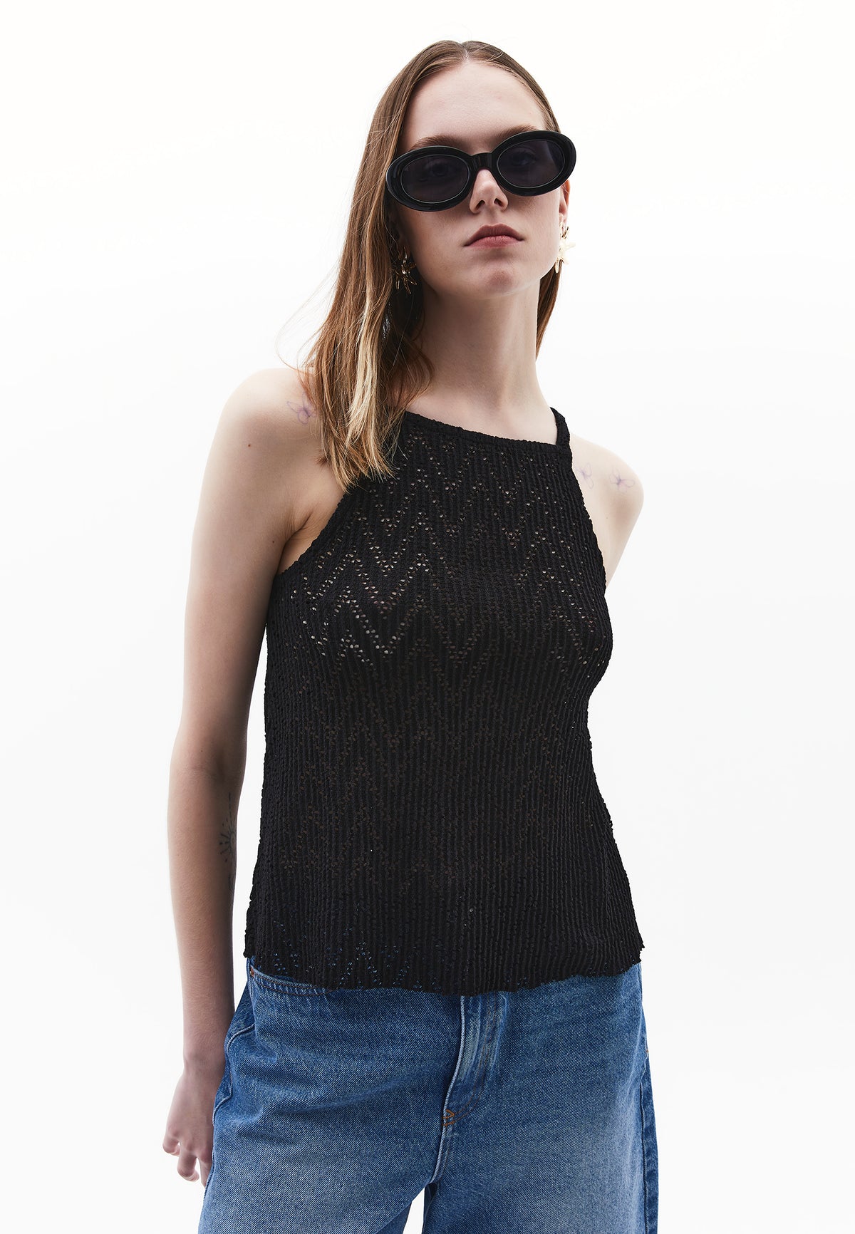 Halter Neck Cotton Tank Top - Black