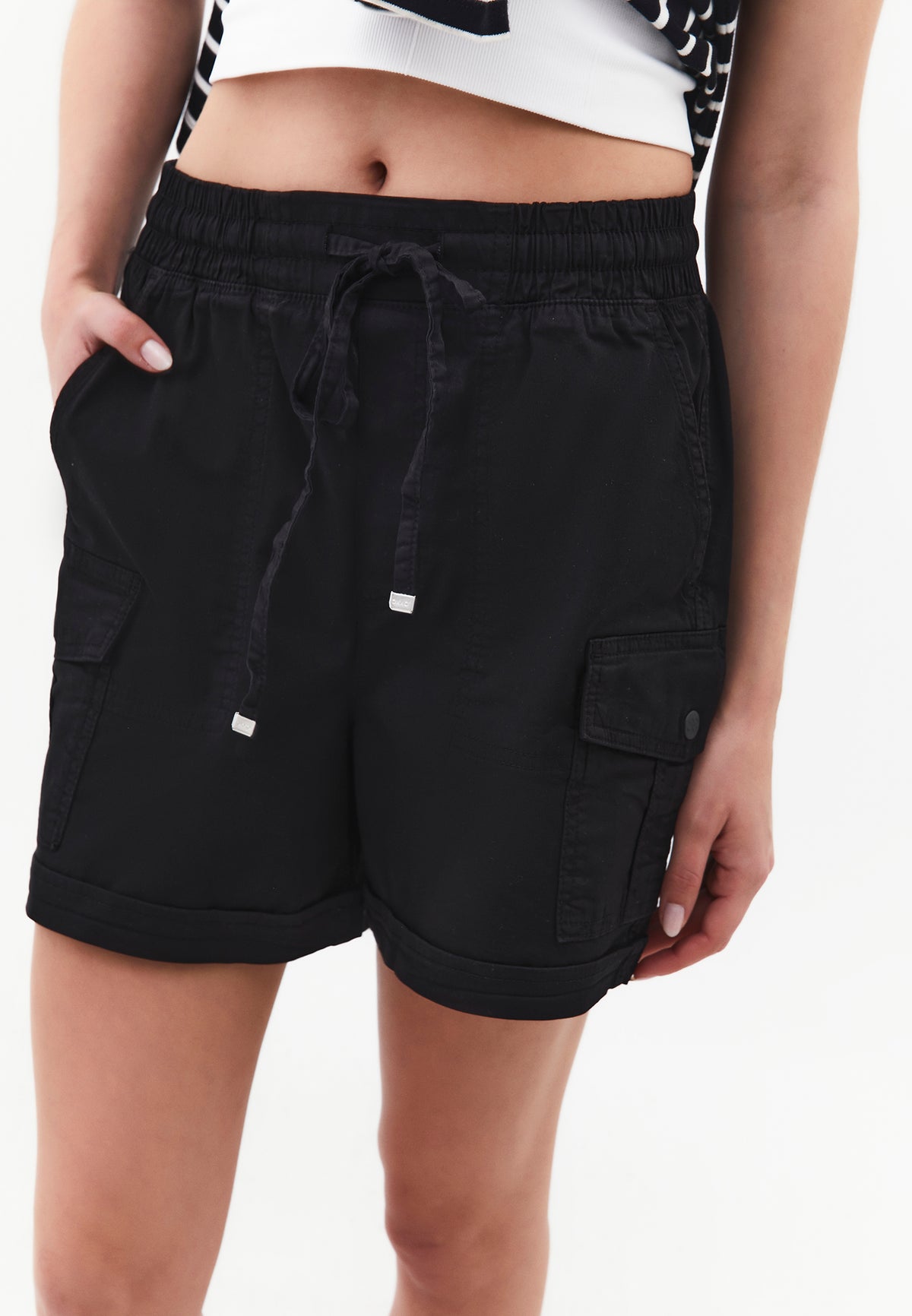 Ultra High Waist Elastic Waistband Tie Shorts - Black