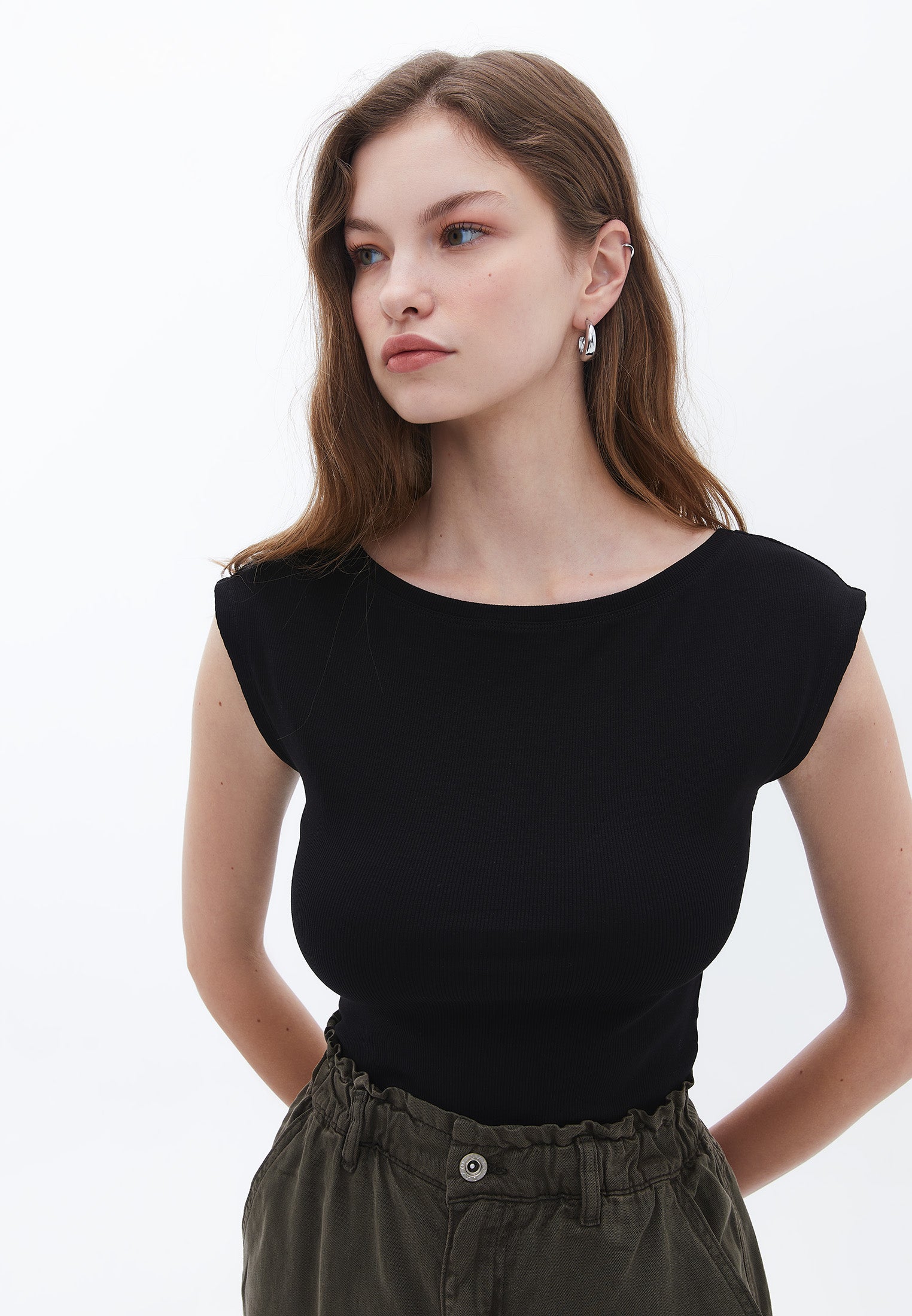 Long sleeve boat neck t-shirt - BLACK