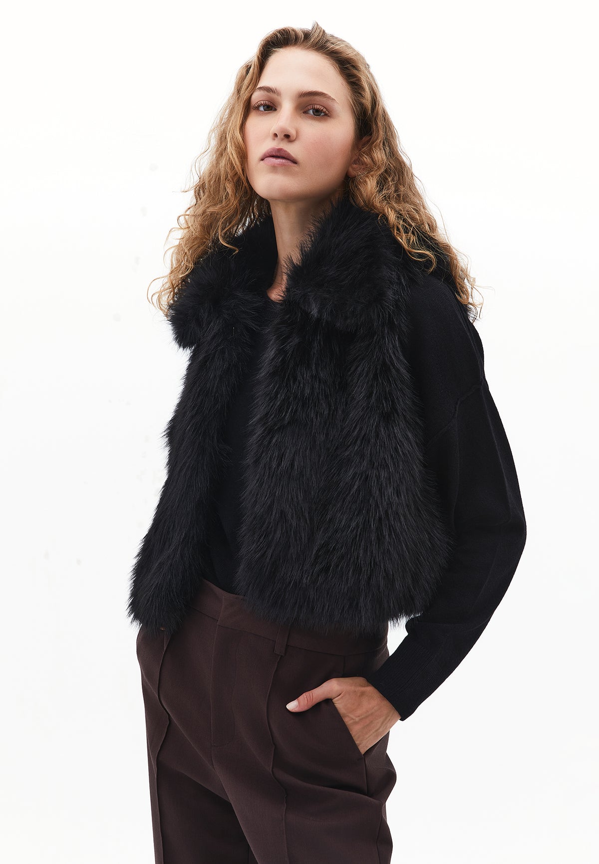 V Neck Faux Fur Vest - BLACK