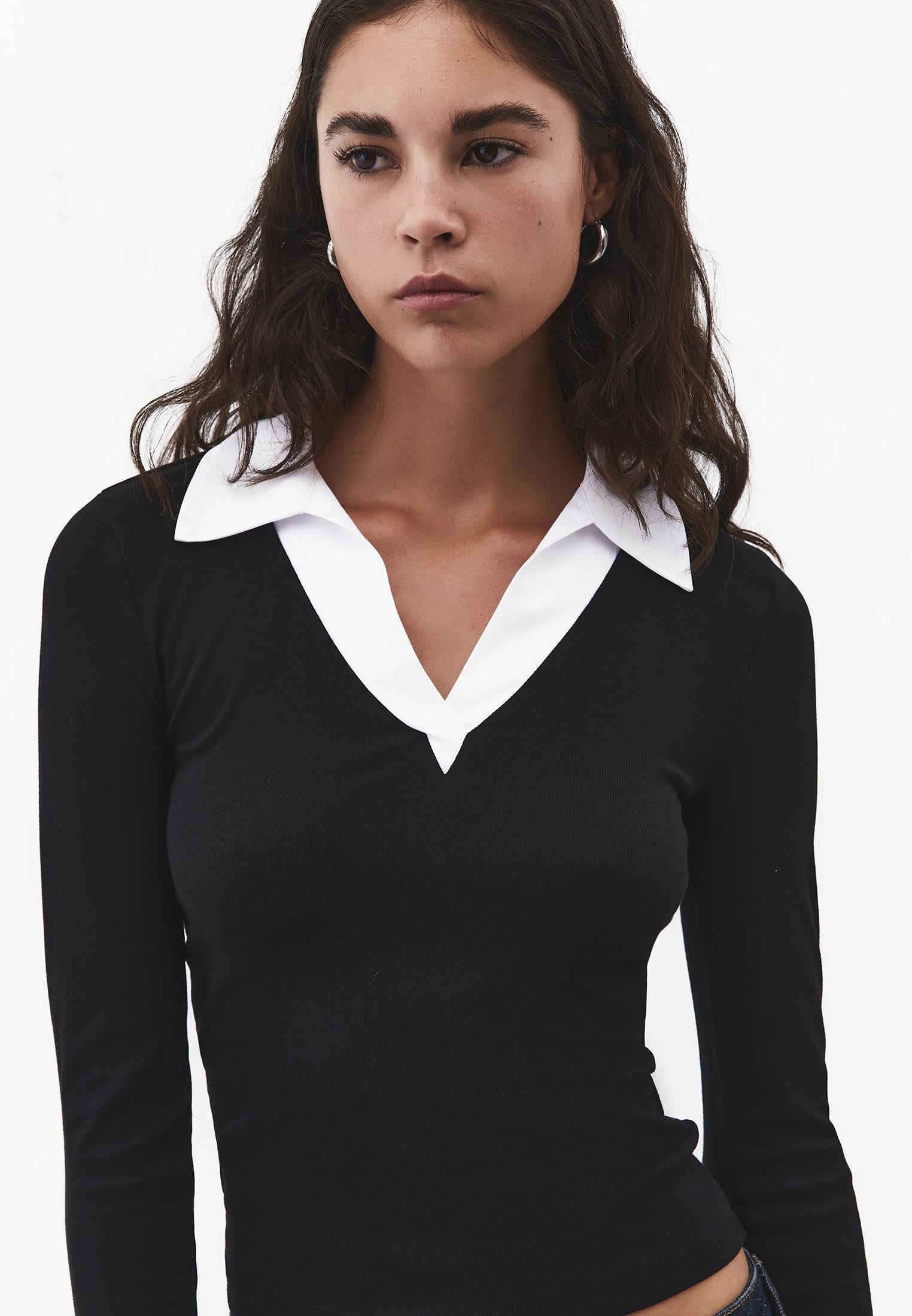 Polo Neck Long Sleeve Bodycon T-Shirt - BLACK