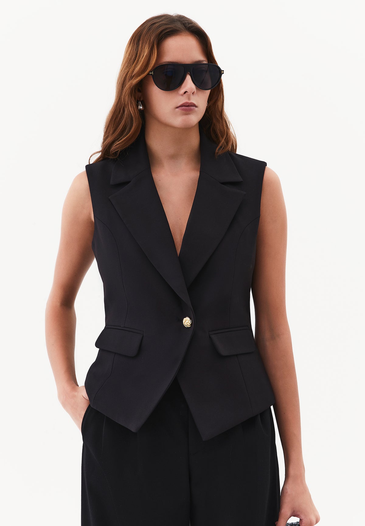 Double-Breasted Collar Buttoned Vest - BLACK